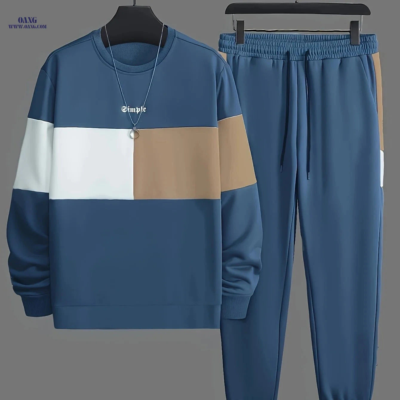 Men's Casual Color Block Crew Neck Sweatshirt & Joggers Set   OAXG Peacock Blue / FR XL