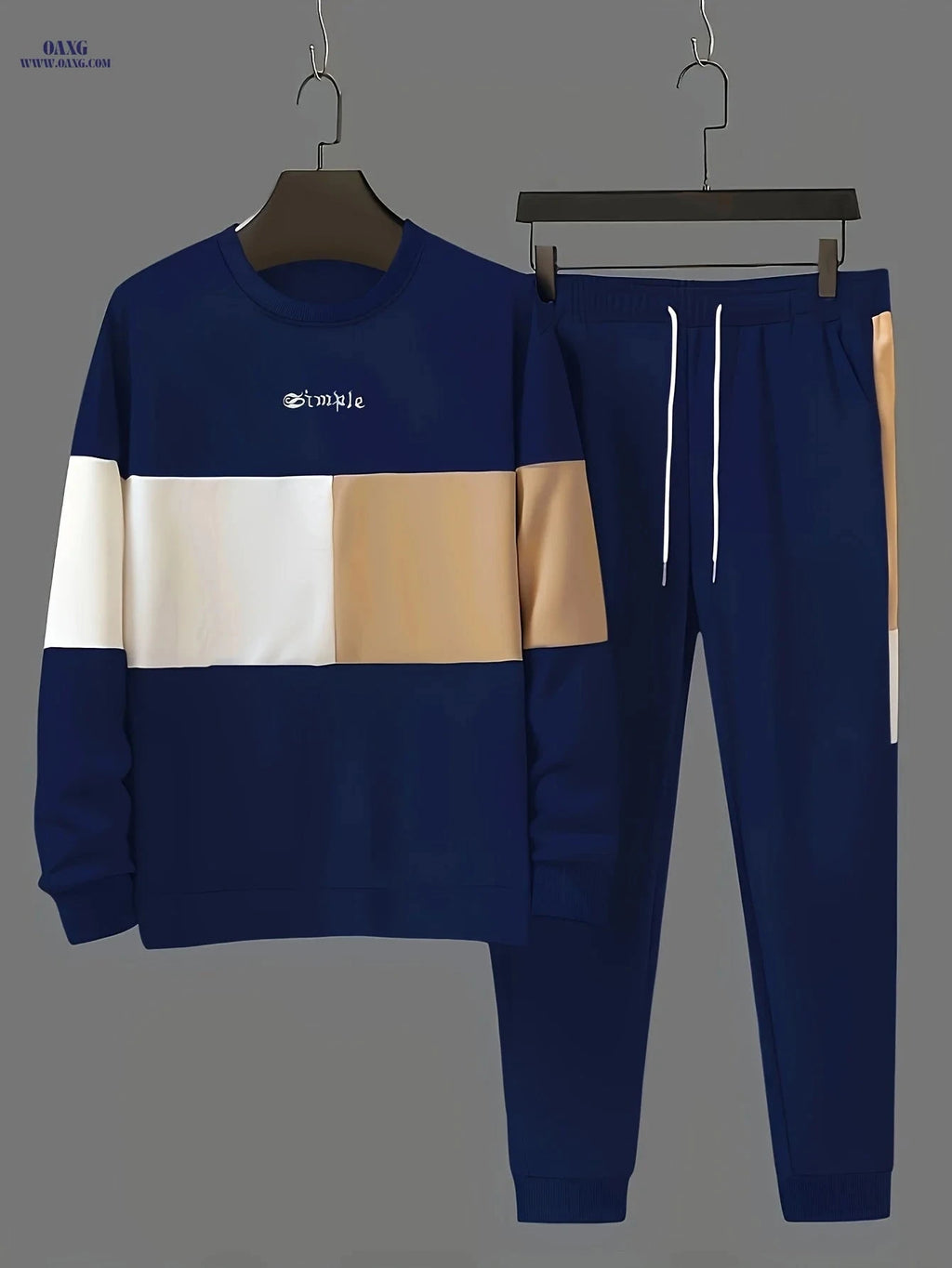 Men's Casual Color Block Crew Neck Sweatshirt & Joggers Set   OAXG Peacock Blue / FR XL