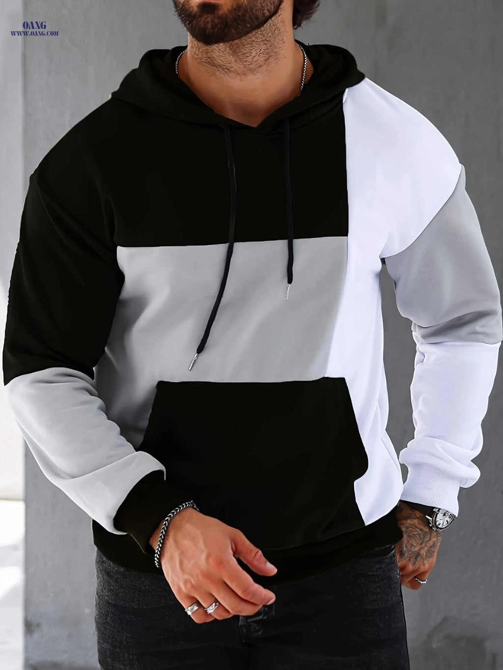 Men's Casual Color Block Pullover Hoodie - Stretchy & Comfortable   OAXG 