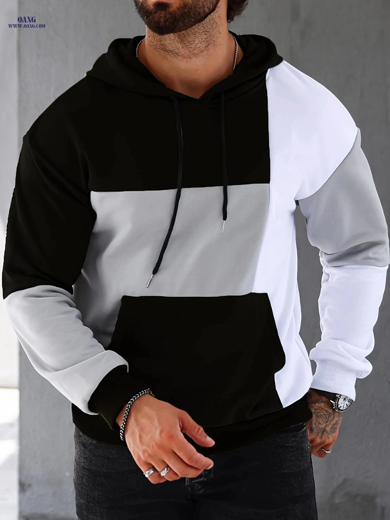 Men's Casual Color Block Pullover Hoodie - Stretchy & Comfortable   OAXG 