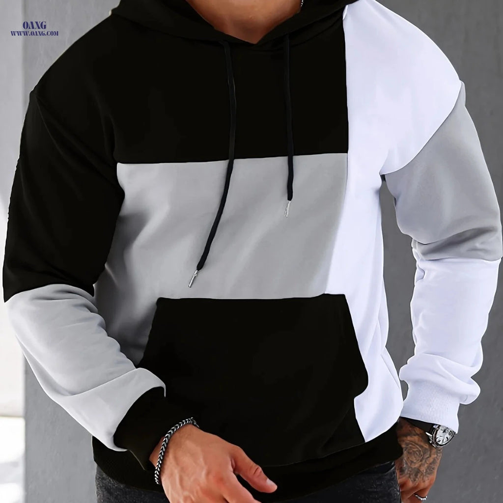 Men's Casual Color Block Pullover Hoodie - Stretchy & Comfortable   OAXG Black / FR M