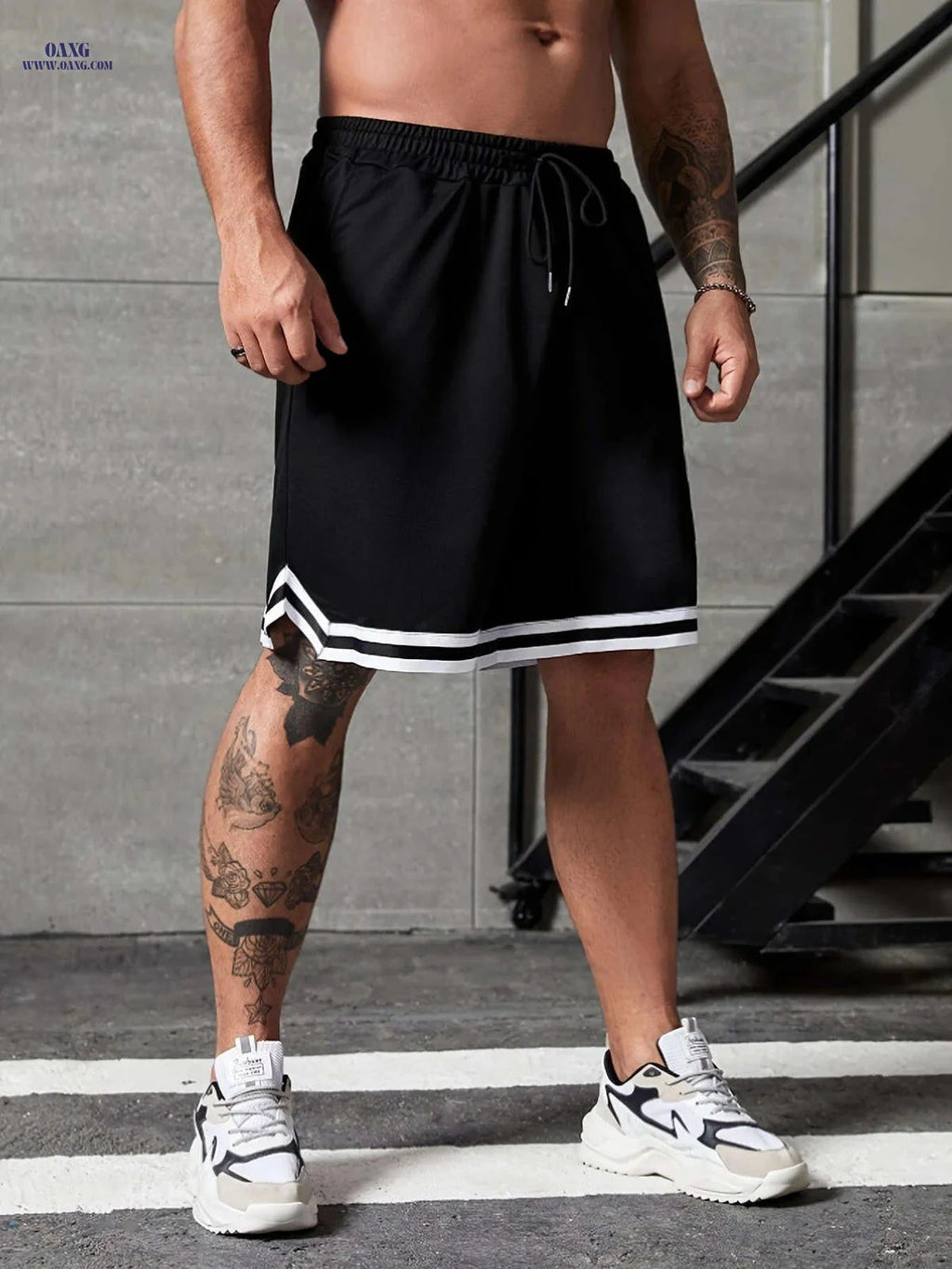 Men's Casual Color-Block Shorts - Loose Fit with Drawstring Pockets   OAXG Black / FR XS