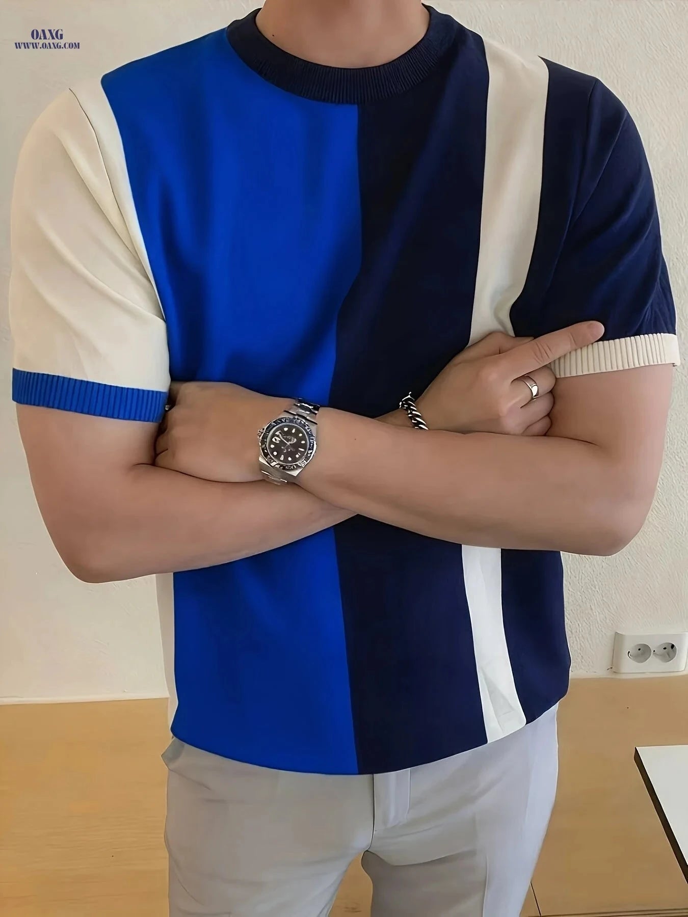Men's Casual Color-Block Striped Short Sleeve Knit Shirt - Soft & Stylish   OAXG 