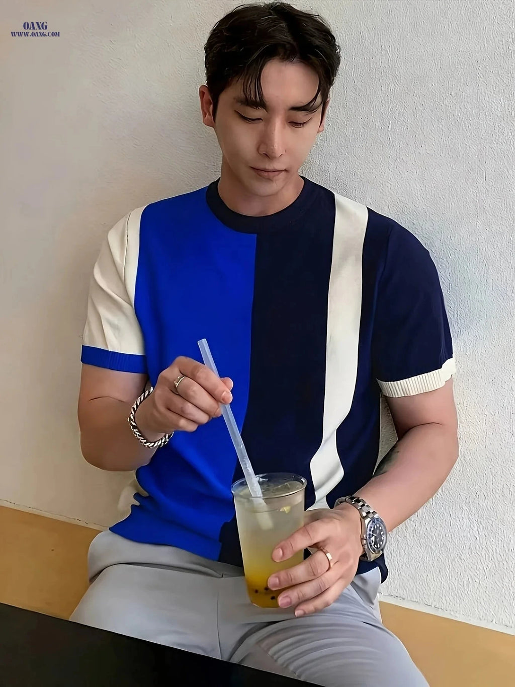 Men's Casual Color-Block Striped Short Sleeve Knit Shirt - Soft & Stylish   OAXG 