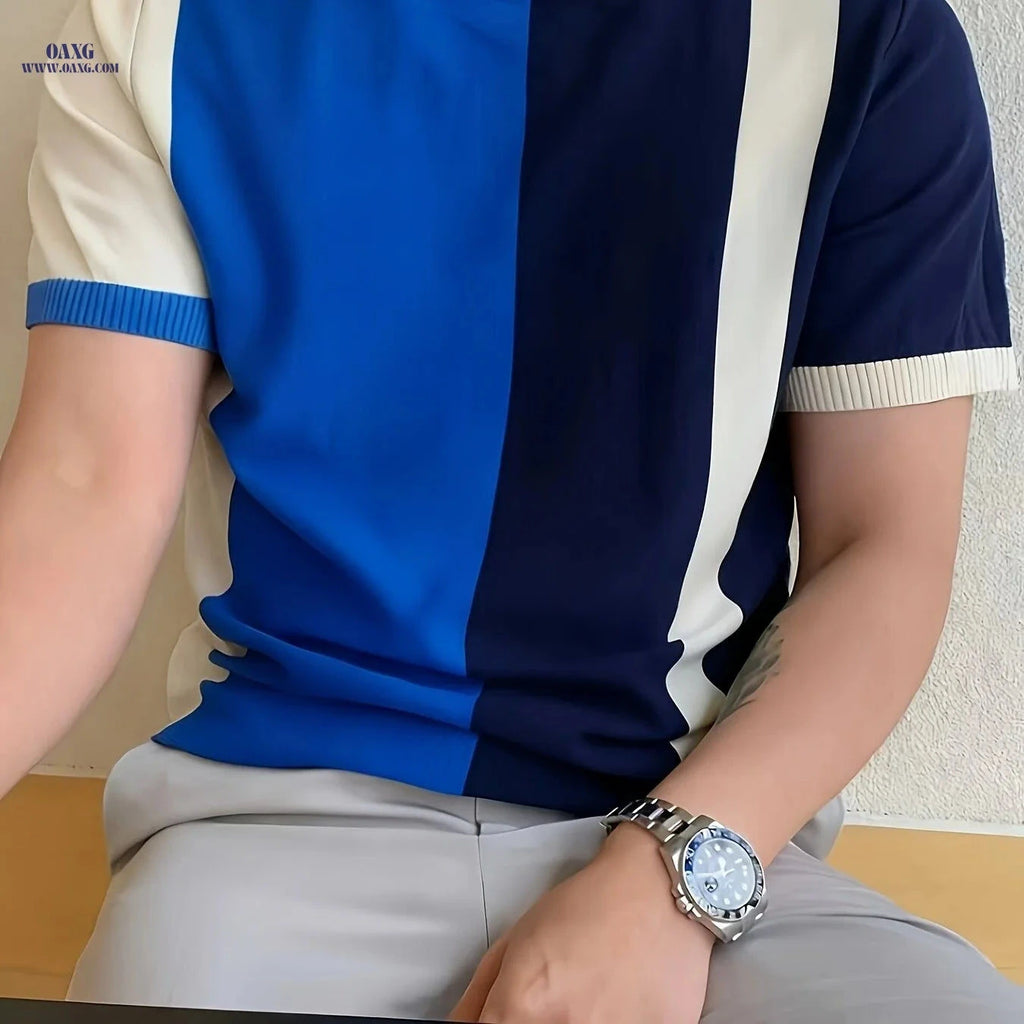 Men's Casual Color-Block Striped Short Sleeve Knit Shirt - Soft & Stylish   OAXG 