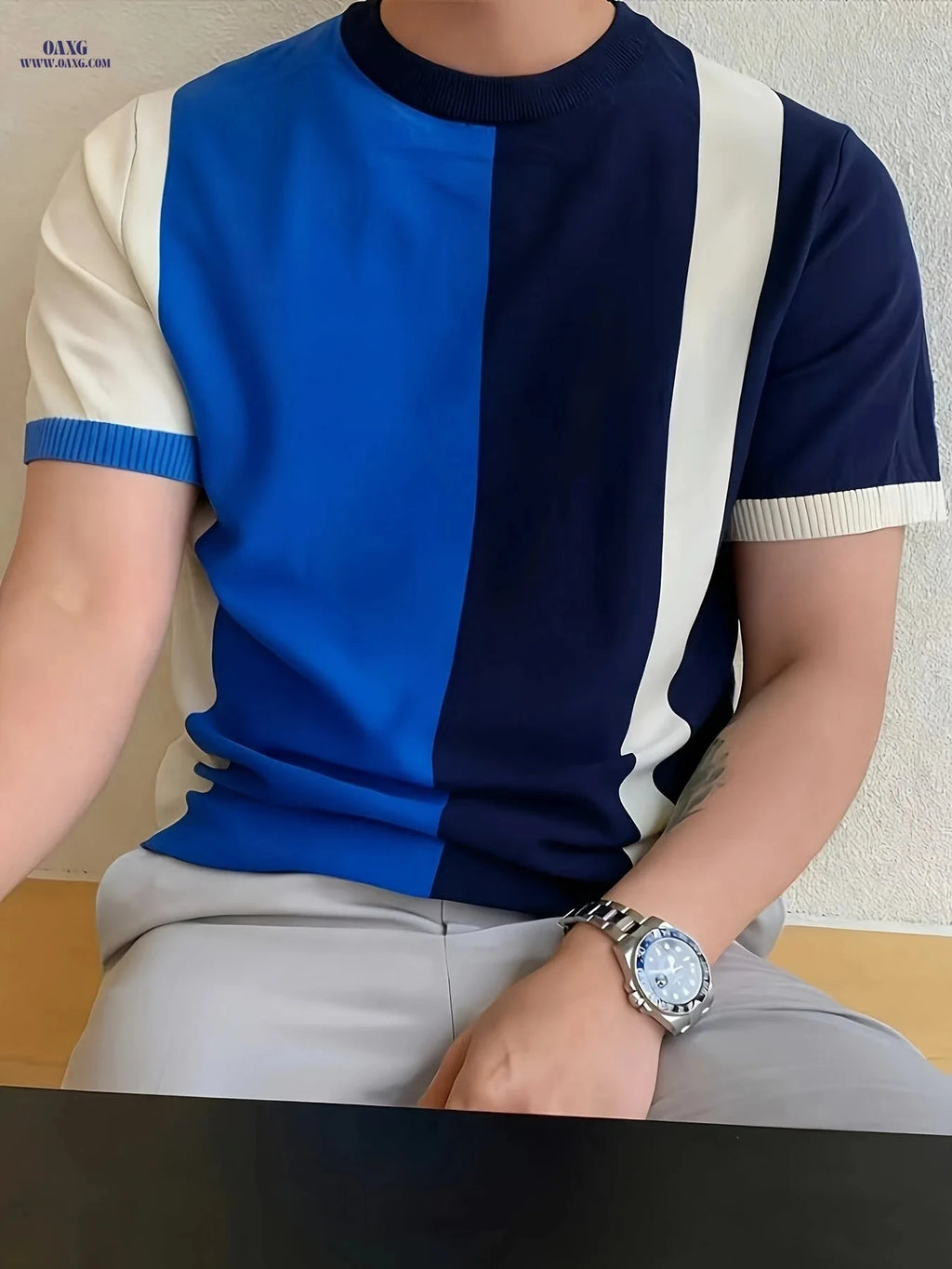 Men's Casual Color-Block Striped Short Sleeve Knit Shirt - Soft & Stylish   OAXG Vibrant Blue / FR S