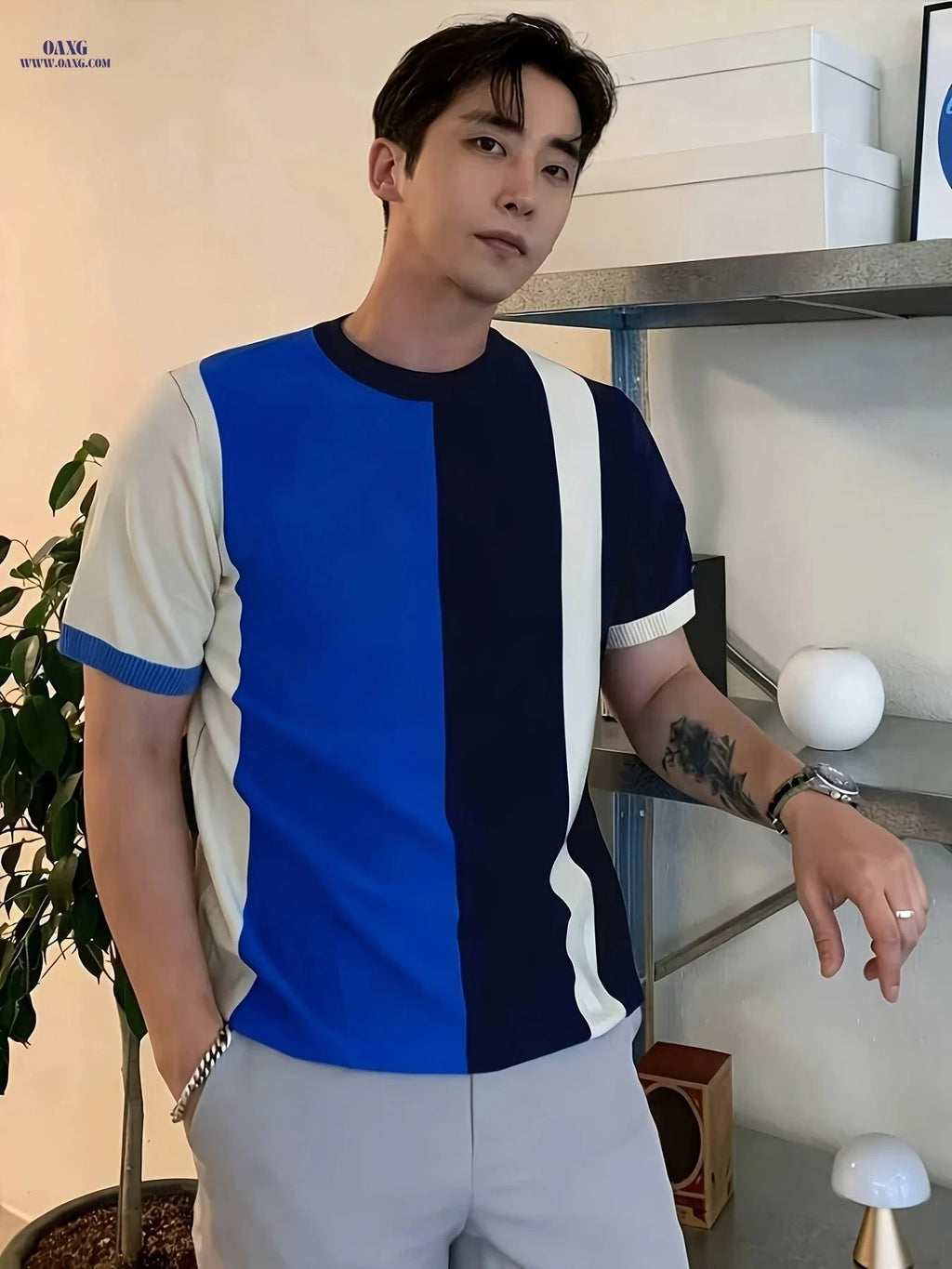 Men's Casual Color-Block Striped Short Sleeve Knit Shirt - Soft & Stylish   OAXG Vibrant Blue / FR S