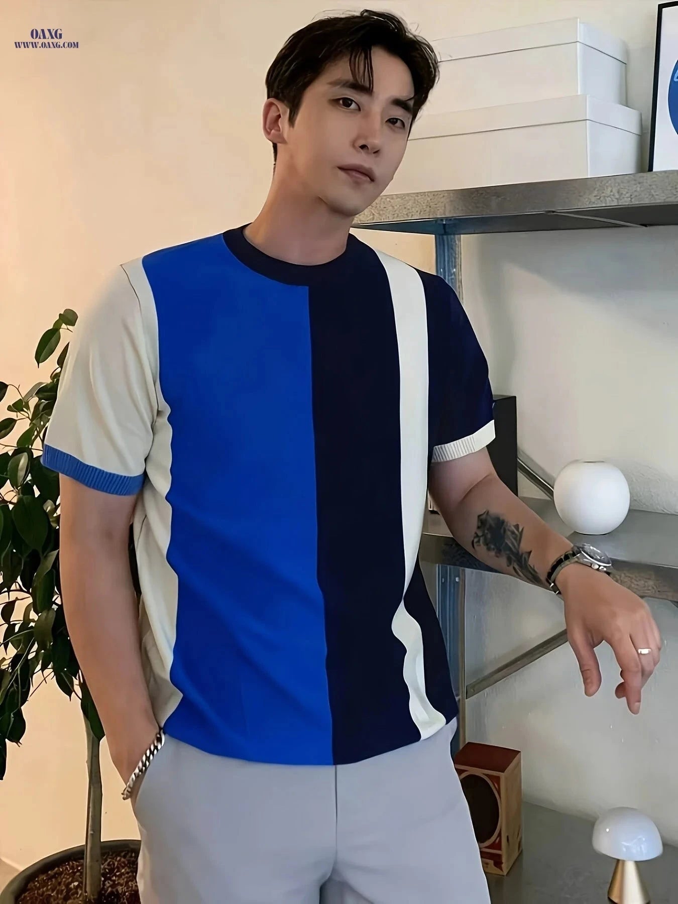Men's Casual Color-Block Striped Short Sleeve Knit Shirt - Soft & Stylish   OAXG Vibrant Blue / FR S