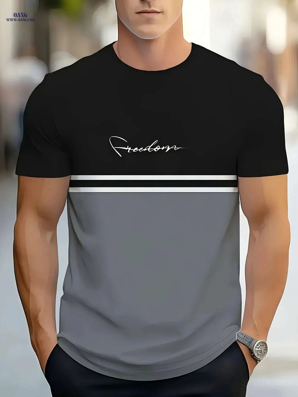 Men's Casual Color Block T-Shirt - Vintage FREEDOM Print, Short Sleeve   OAXG 