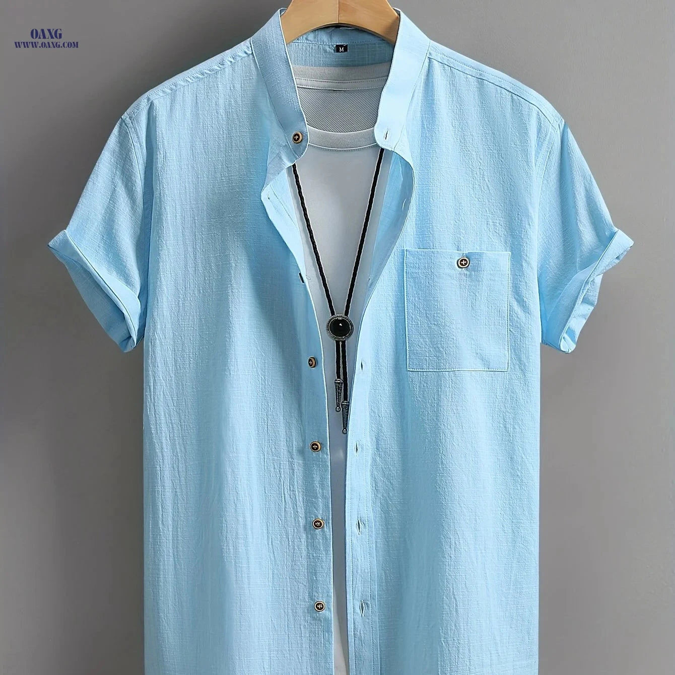 Men's Casual Cotton Shirt - Summer Crew Neck, Regular Fit   OAXG 