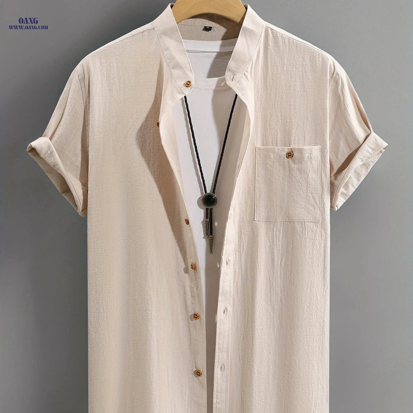 Men's Casual Cotton Shirt - Summer Crew Neck, Regular Fit   OAXG 