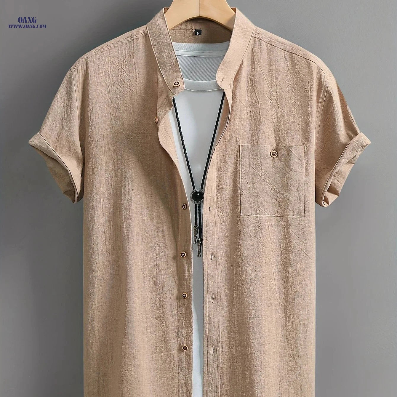 Men's Casual Cotton Shirt - Summer Crew Neck, Regular Fit   OAXG 