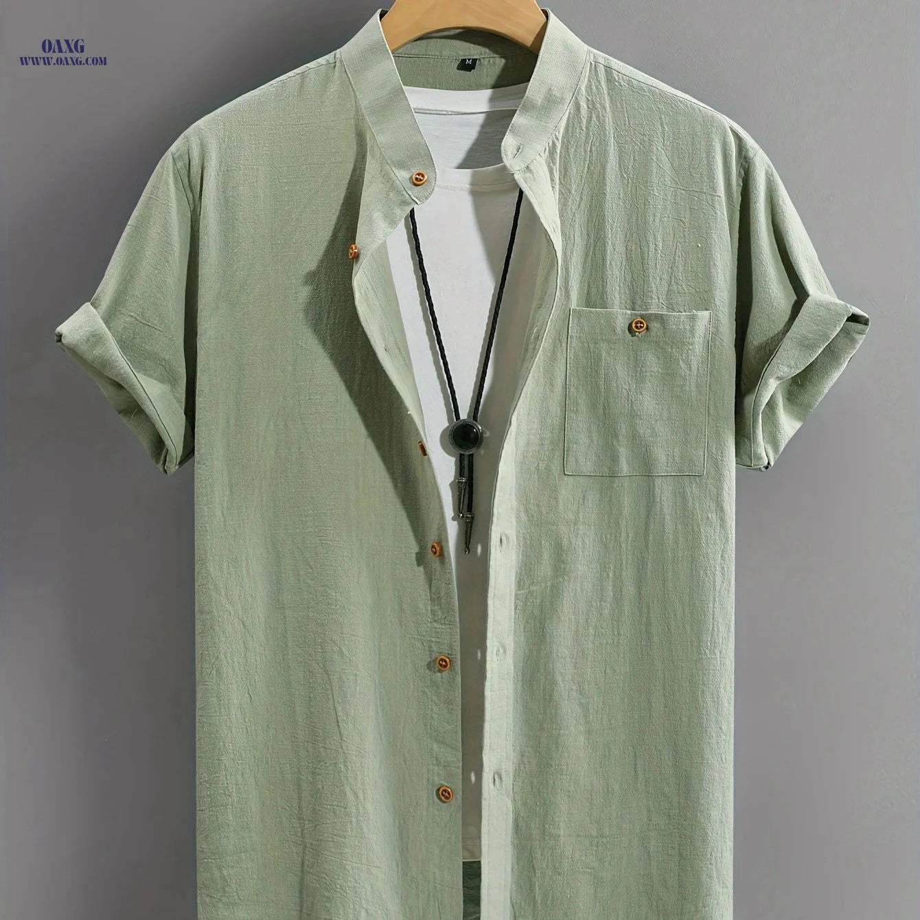 Men's Casual Cotton Shirt - Summer Crew Neck, Regular Fit   OAXG 