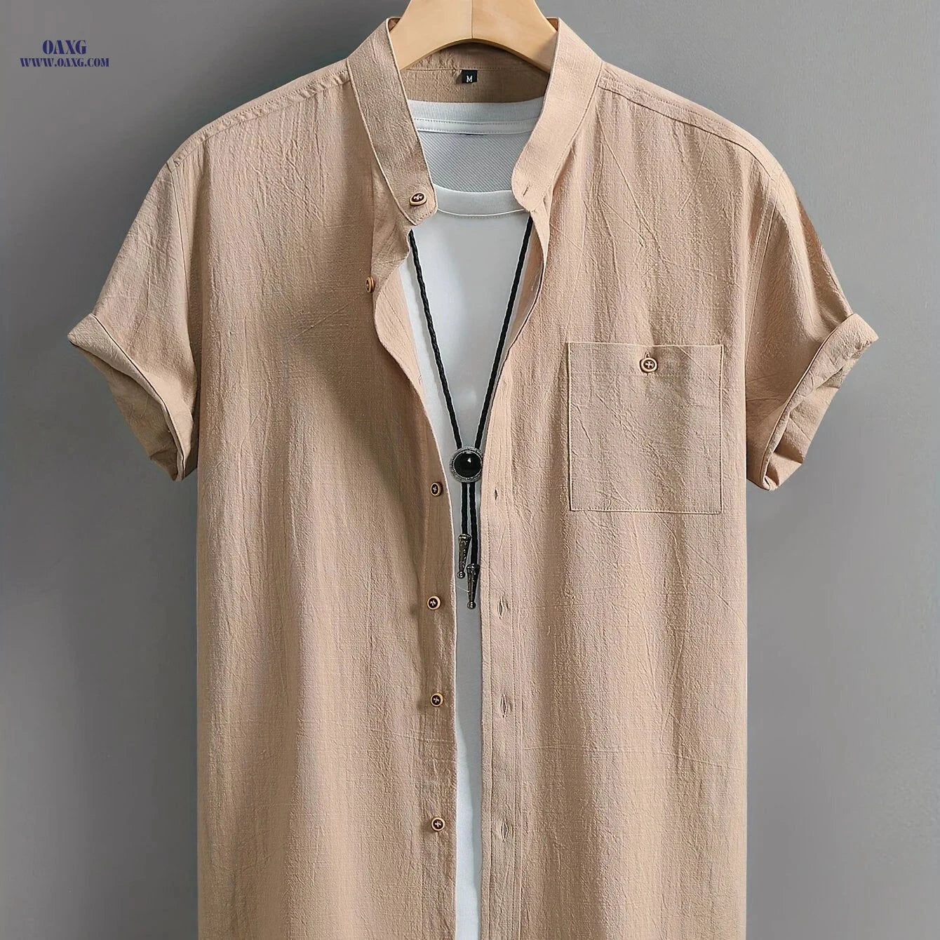 Men's Casual Cotton Shirt - Summer Crew Neck, Regular Fit   OAXG 