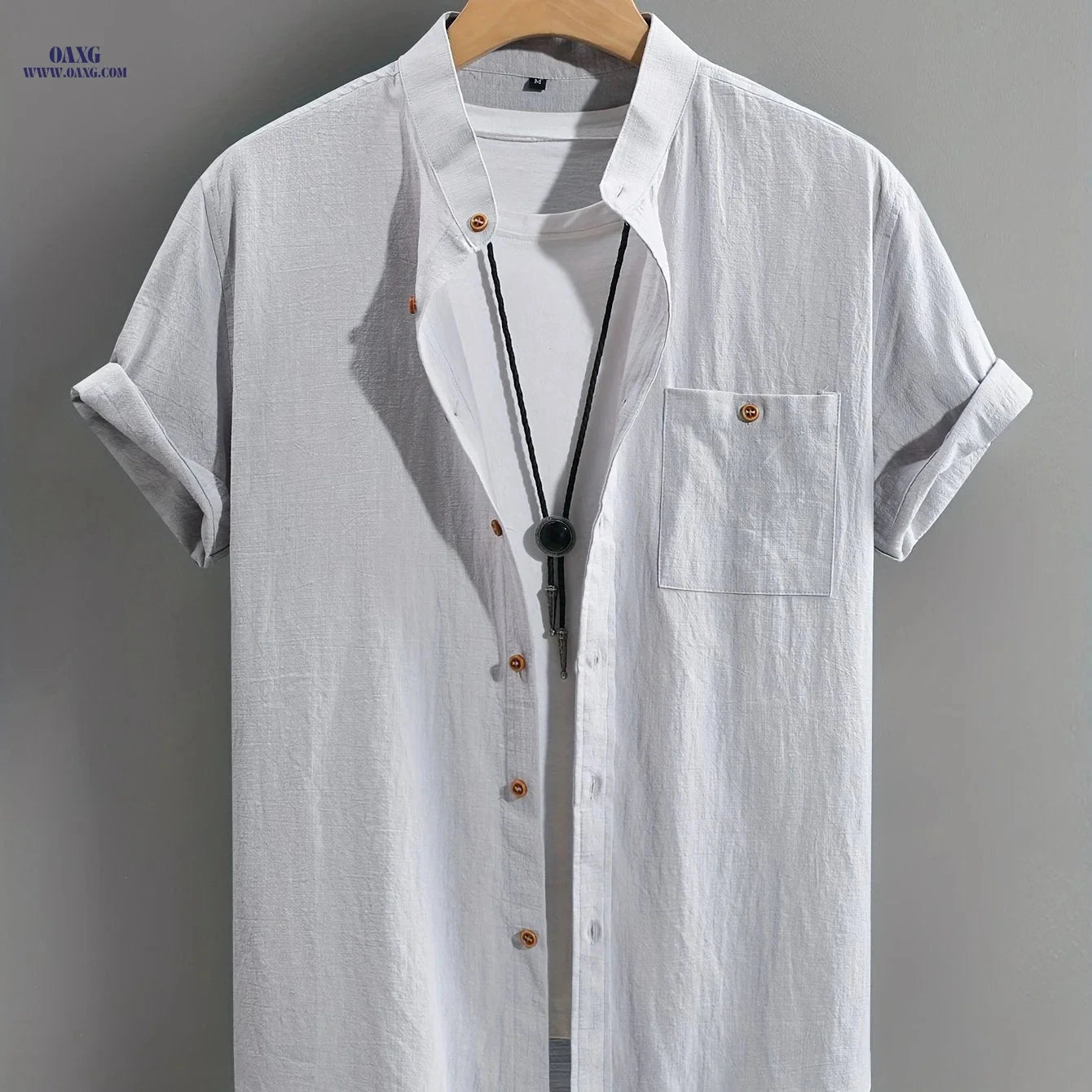 Men's Casual Cotton Shirt - Summer Crew Neck, Regular Fit   OAXG 
