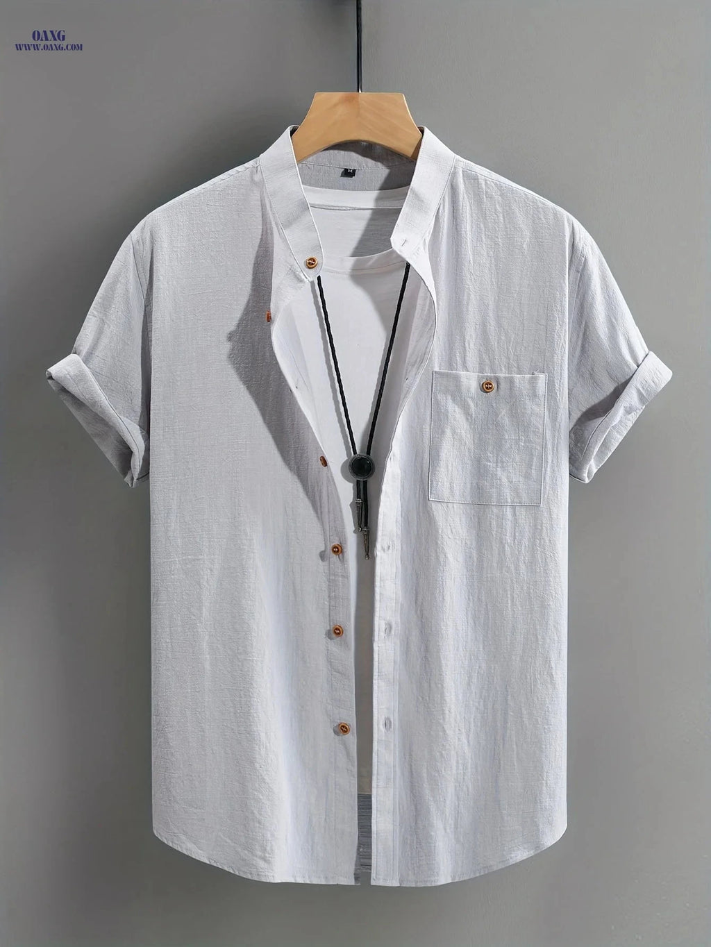 Men's Casual Cotton Shirt - Summer Crew Neck, Regular Fit   OAXG Apricot / FR XS