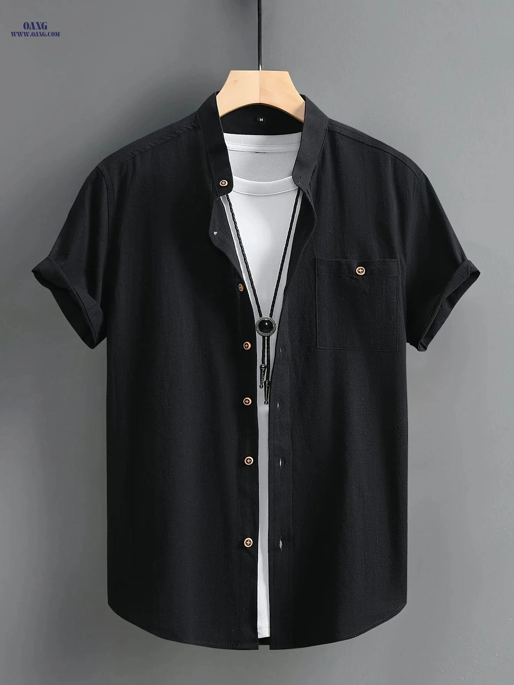 Men's Casual Cotton Shirt - Summer Crew Neck, Regular Fit   OAXG Apricot / FR XS