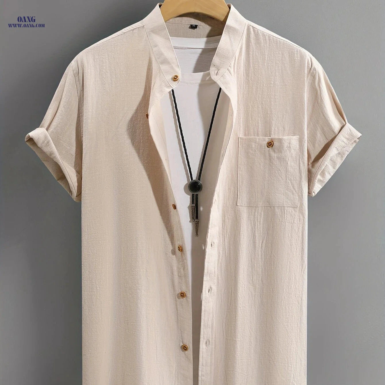 Men's Casual Cotton Shirt - Summer Crew Neck, Regular Fit   OAXG 