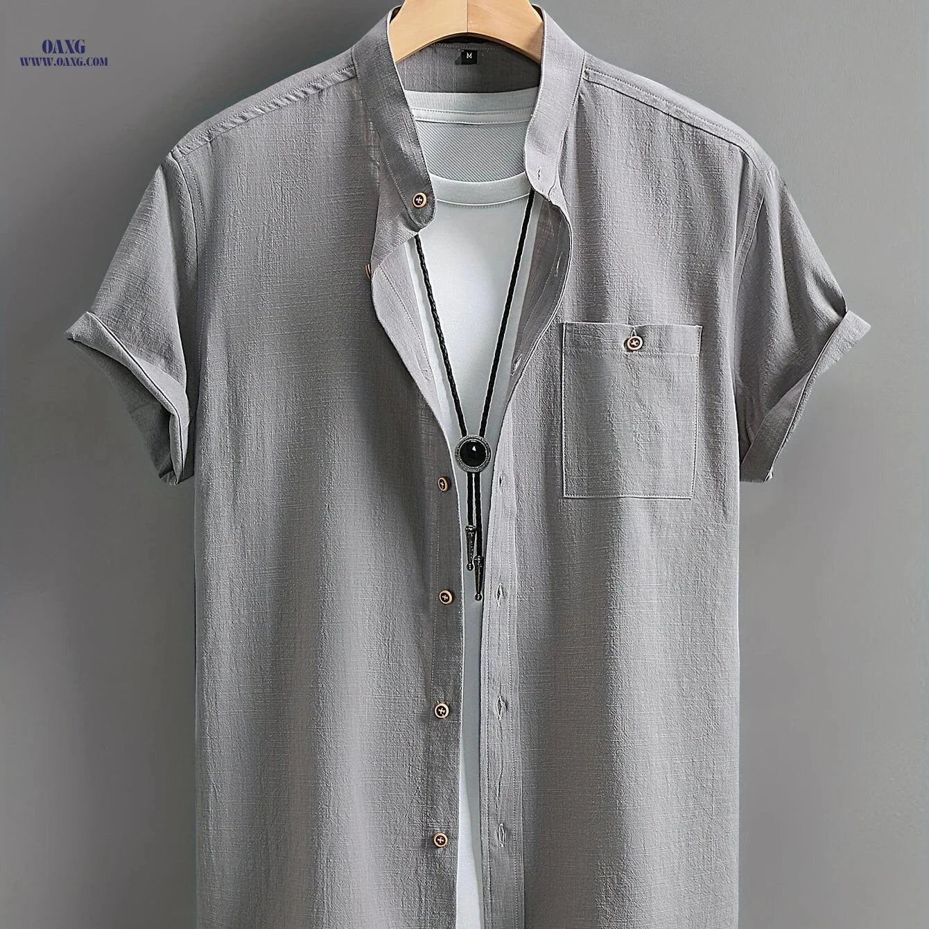 Men's Casual Cotton Shirt - Summer Crew Neck, Regular Fit   OAXG 
