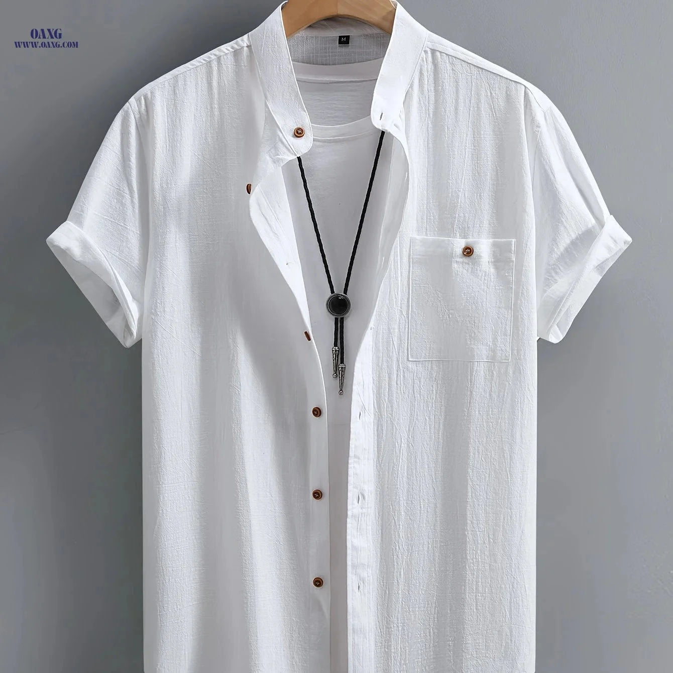 Men's Casual Cotton Shirt - Summer Crew Neck, Regular Fit   OAXG 