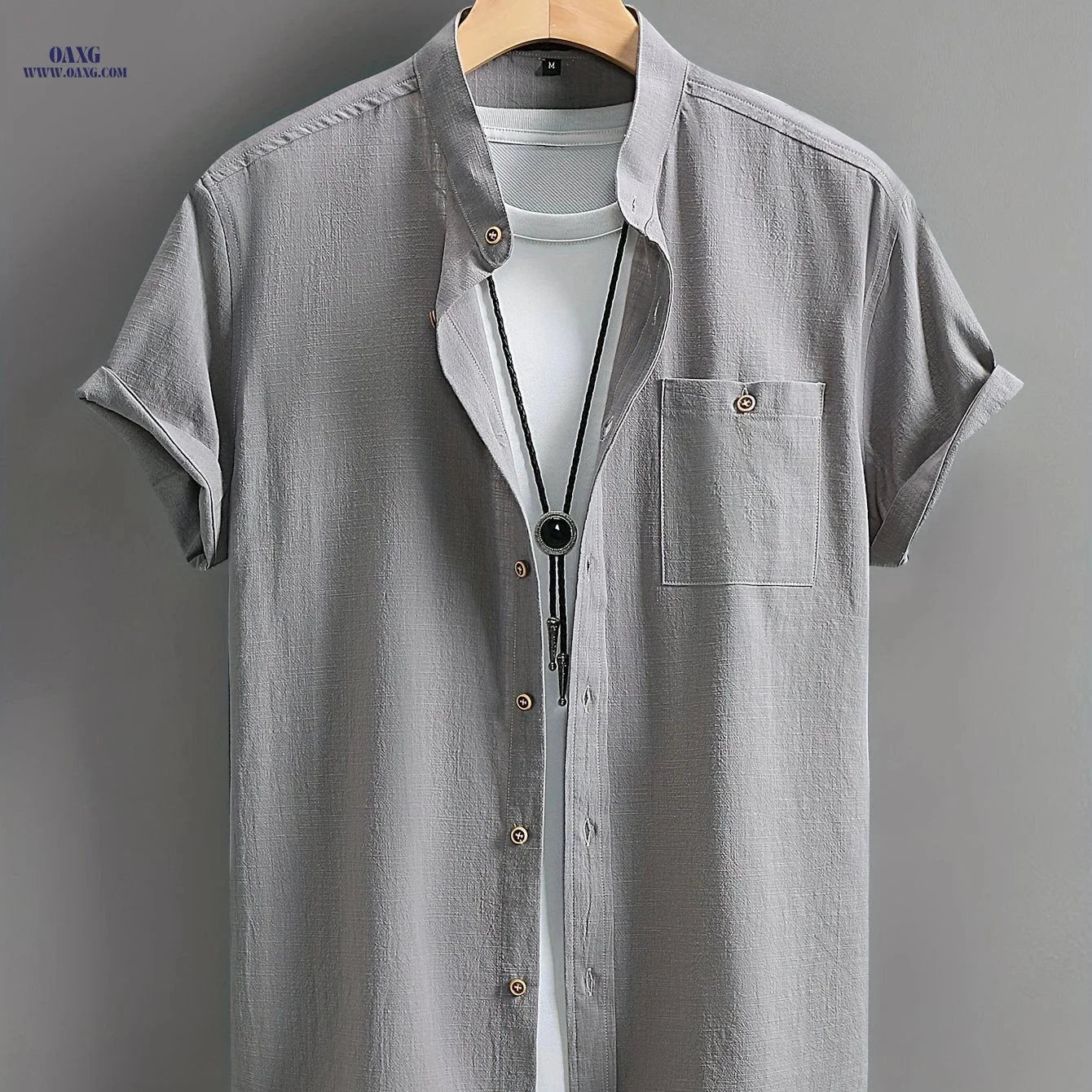 Men's Casual Cotton Shirt - Summer Crew Neck, Regular Fit   OAXG 