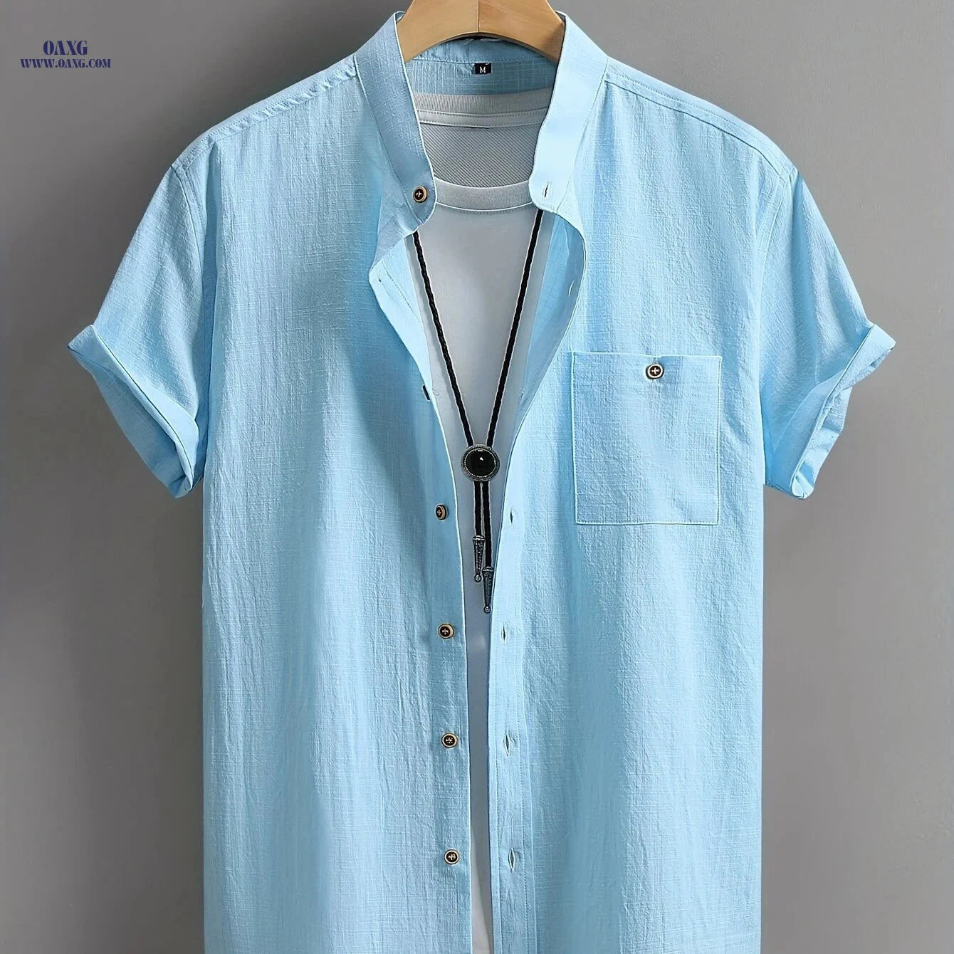 Men's Casual Cotton Shirt - Summer Crew Neck, Regular Fit   OAXG 