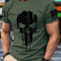 Men's Casual Crew Neck T-Shirt - 3D Skull Print & Patriotic Stripes   OAXG 