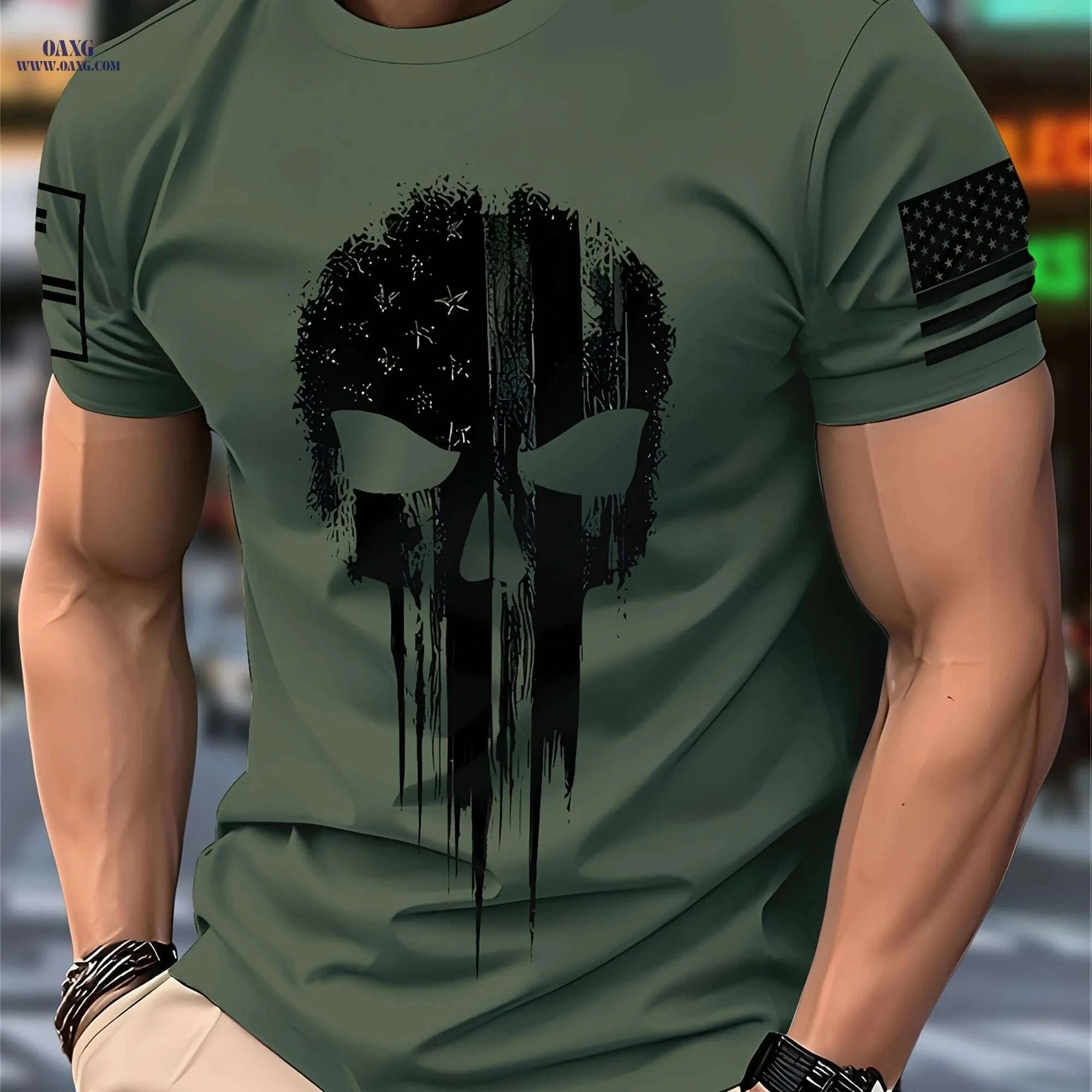 Men's Casual Crew Neck T-Shirt - 3D Skull Print & Patriotic Stripes   OAXG 