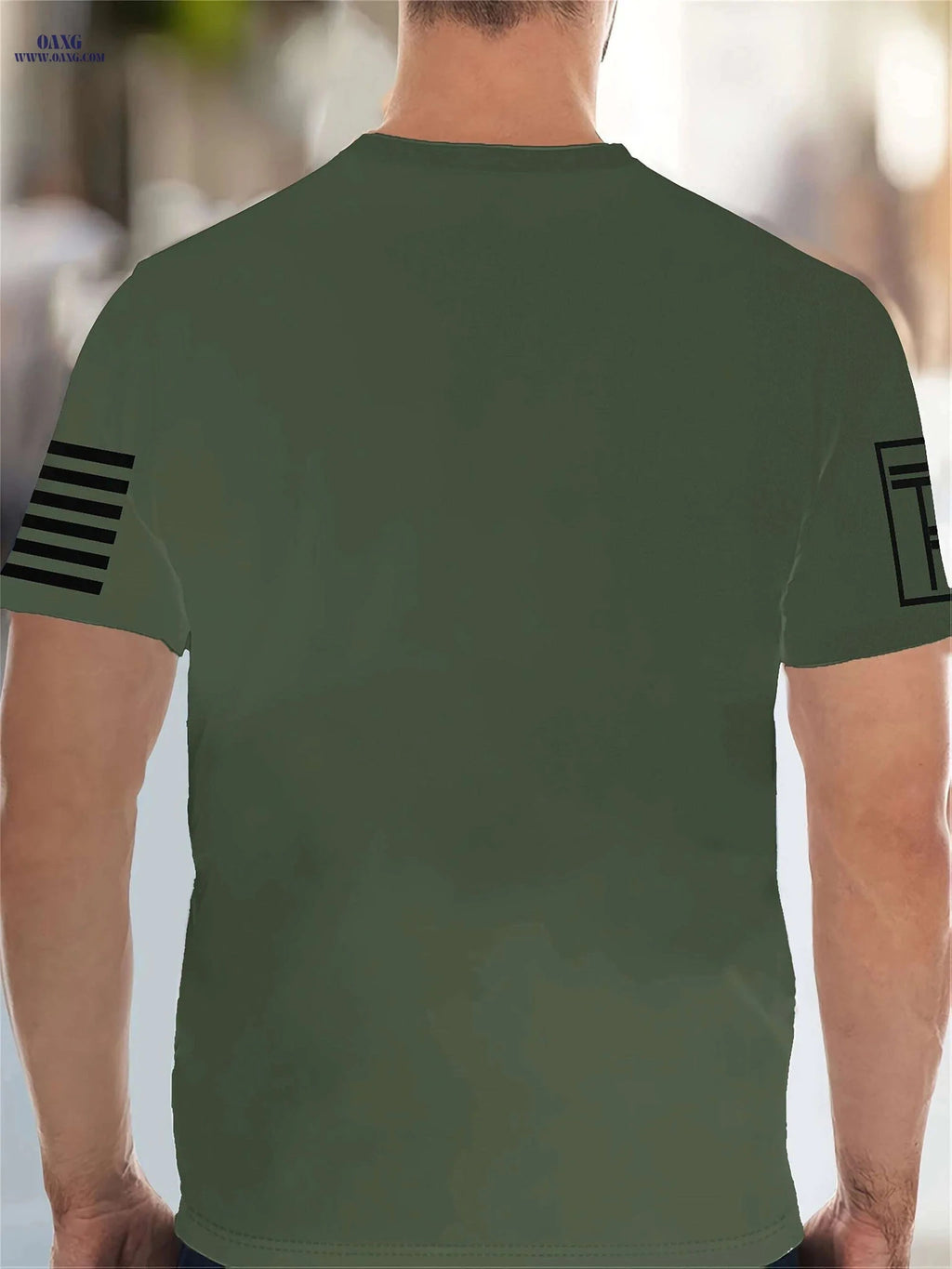 Men's Casual Crew Neck T-Shirt - 3D Skull Print & Patriotic Stripes   OAXG Army Green / S
