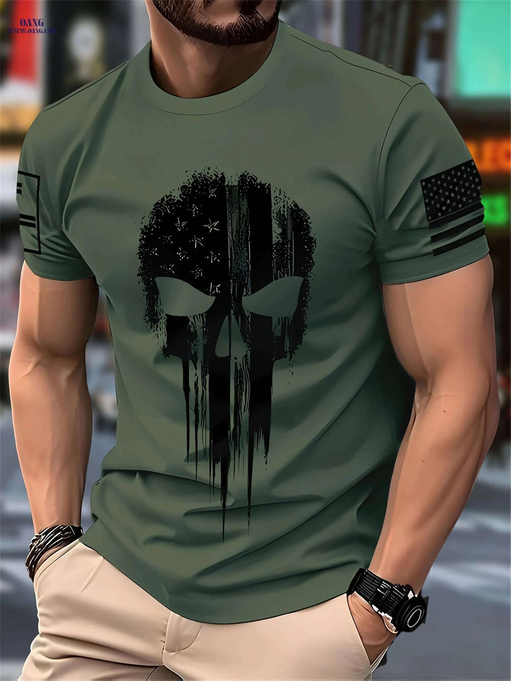 Men's Casual Crew Neck T-Shirt - 3D Skull Print & Patriotic Stripes   OAXG Army Green / S
