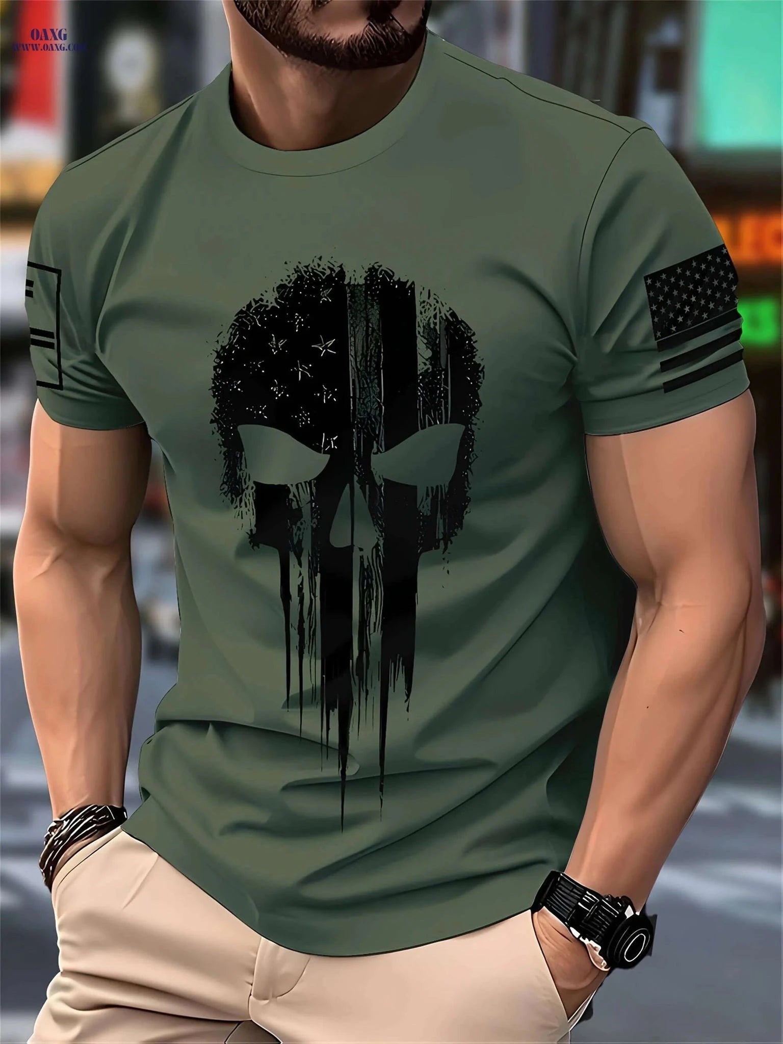 Men's Casual Crew Neck T-Shirt - 3D Skull Print & Patriotic Stripes   OAXG Army Green / S