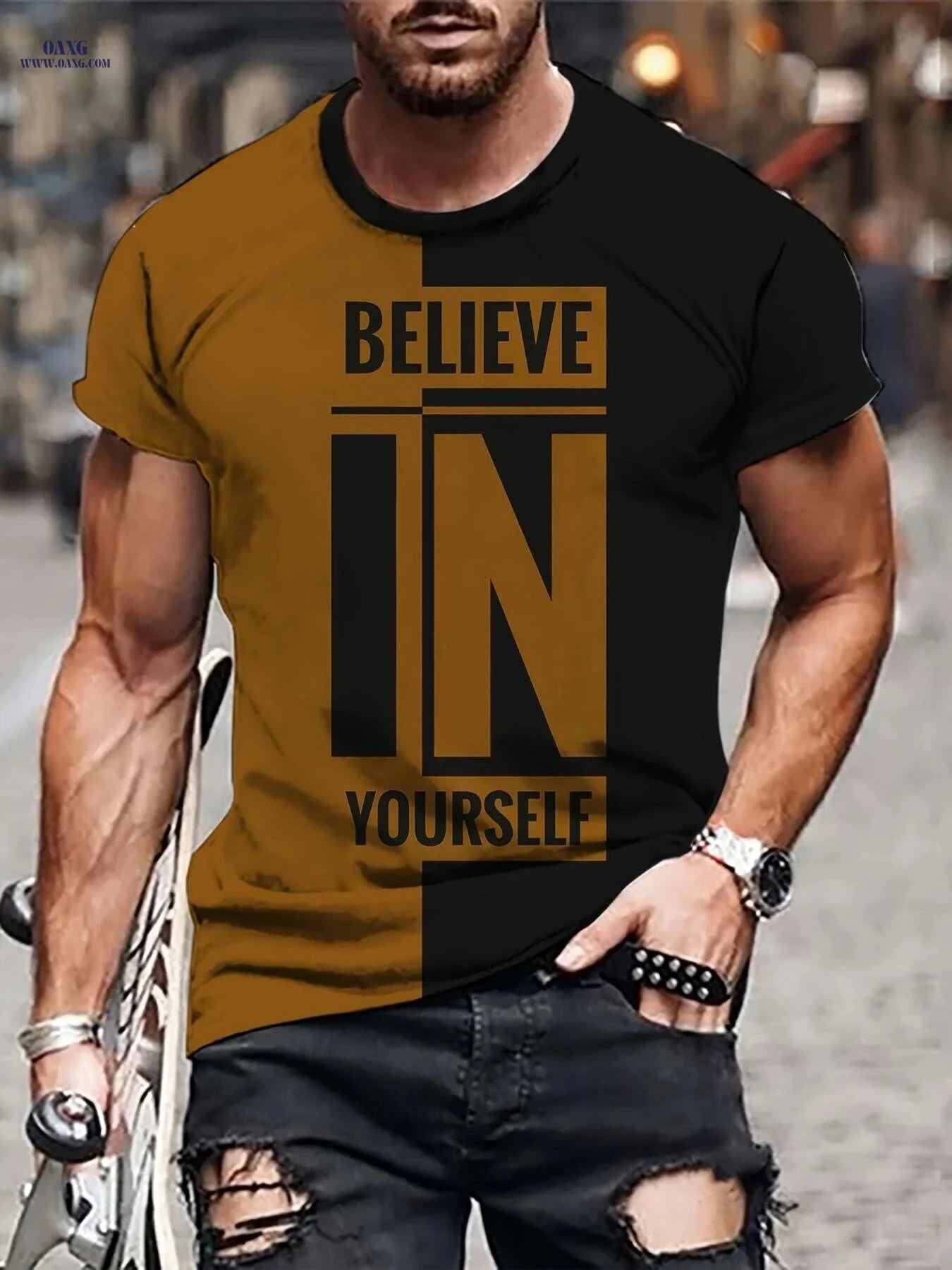 Men's Casual Crew Neck T-Shirt - Believe in Yourself Print   OAXG 