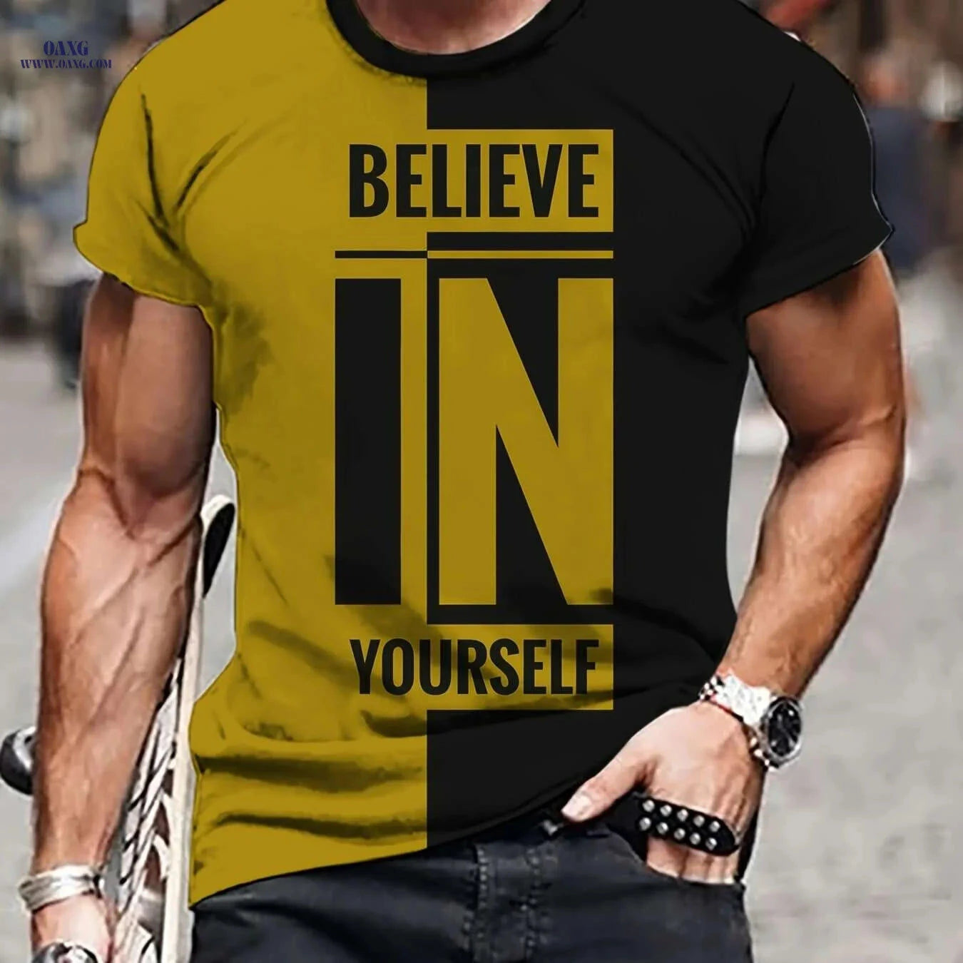 Men's Casual Crew Neck T-Shirt - Believe in Yourself Print   OAXG Chocolate / M