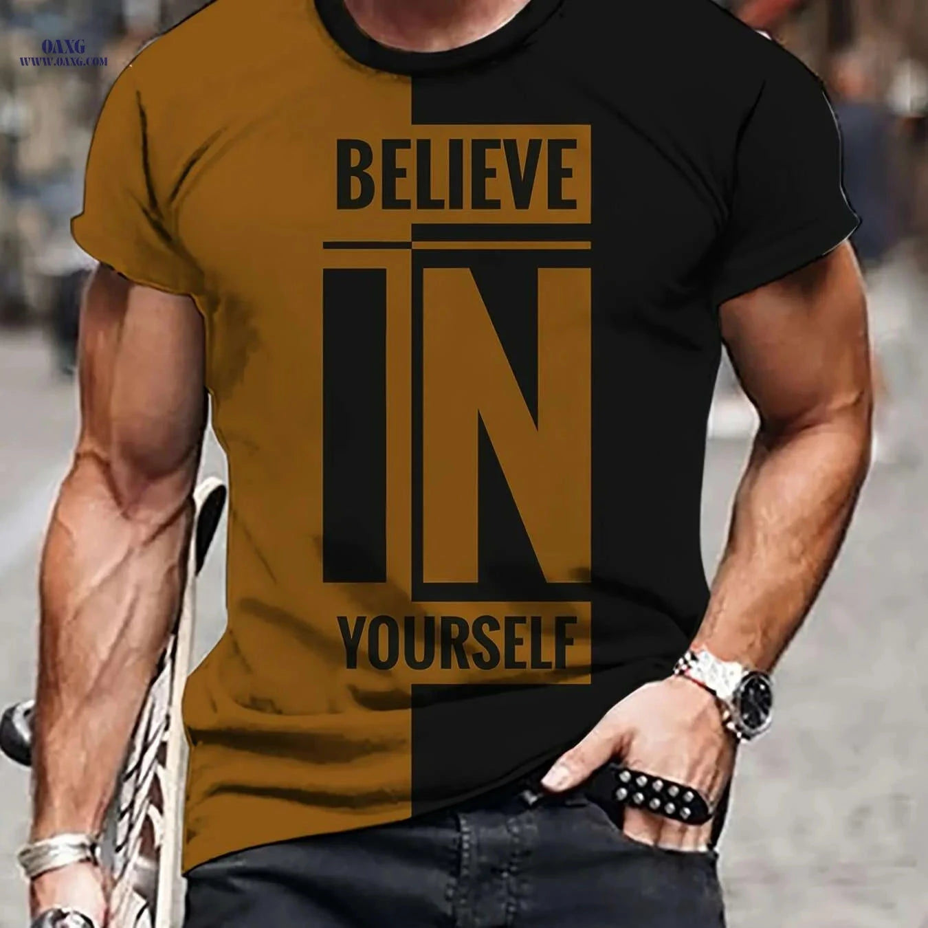 Men's Casual Crew Neck T-Shirt - Believe in Yourself Print   OAXG Chocolate / M