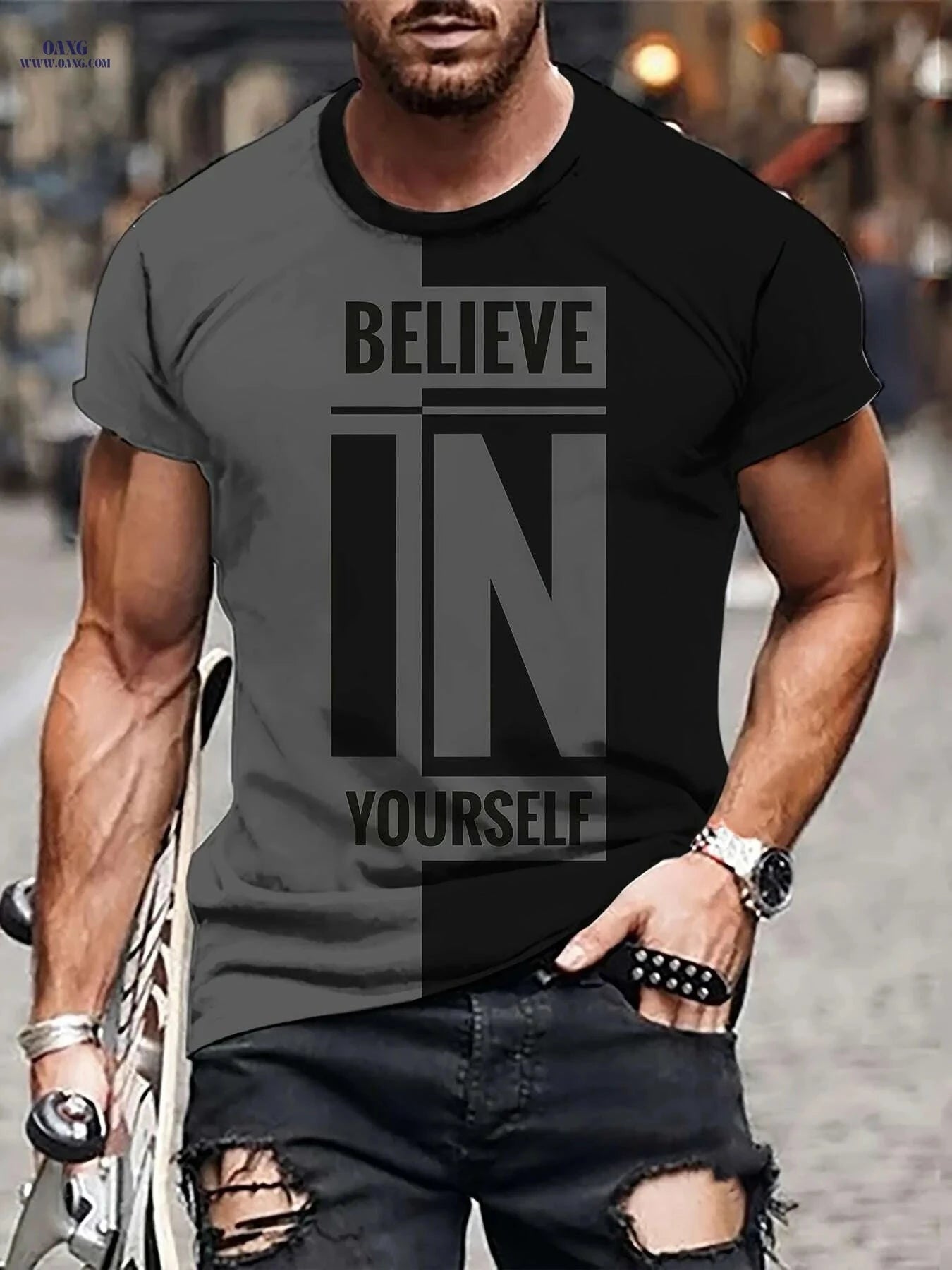 Men's Casual Crew Neck T-Shirt - Believe in Yourself Print   OAXG Chocolate / M