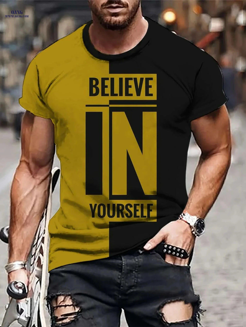 Men's Casual Crew Neck T-Shirt - Believe in Yourself Print   OAXG Chocolate / M
