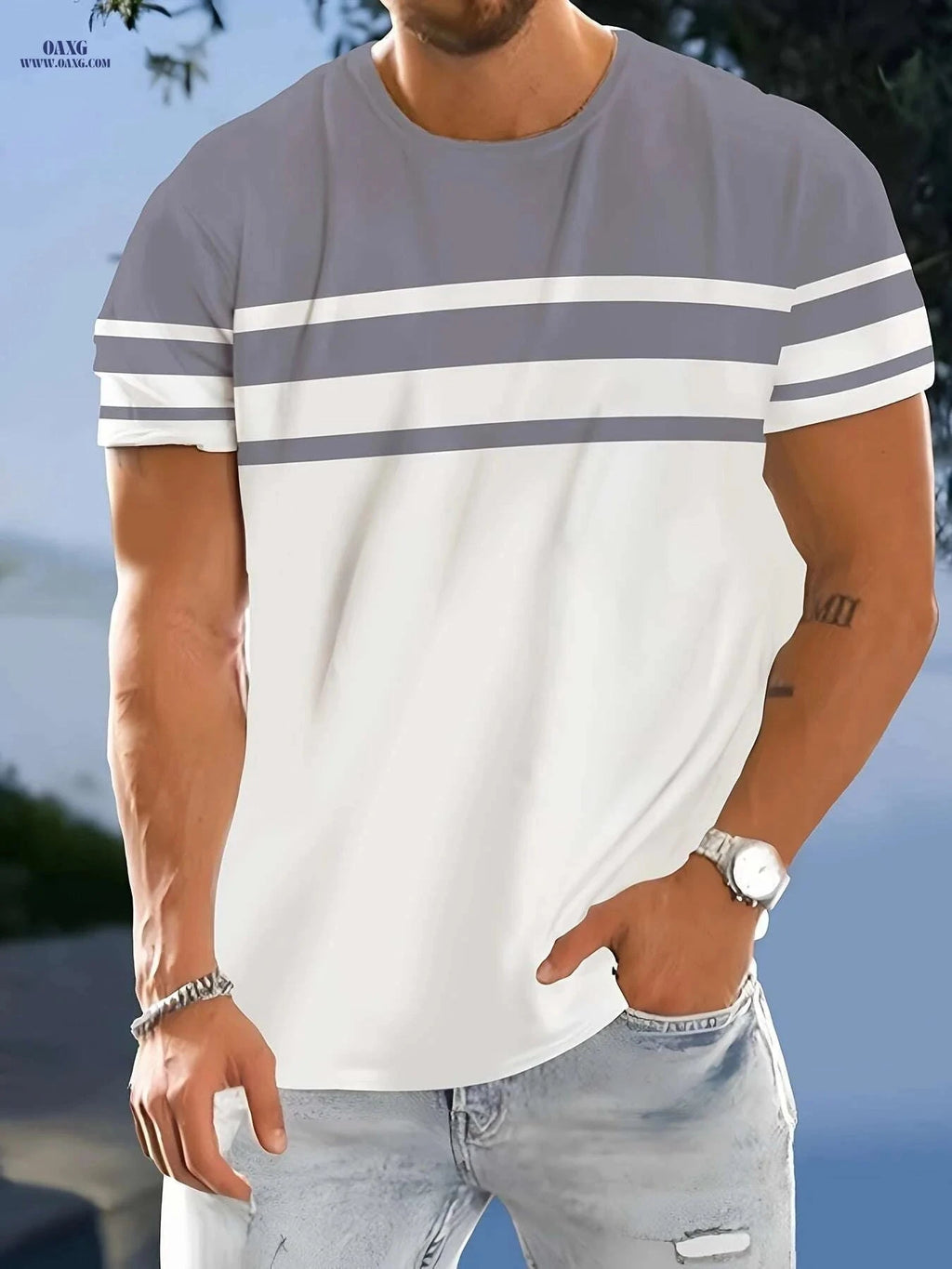 Men's Casual Crew Neck T-Shirt - Geometric Pattern, Slight Stretch Fit   OAXG 