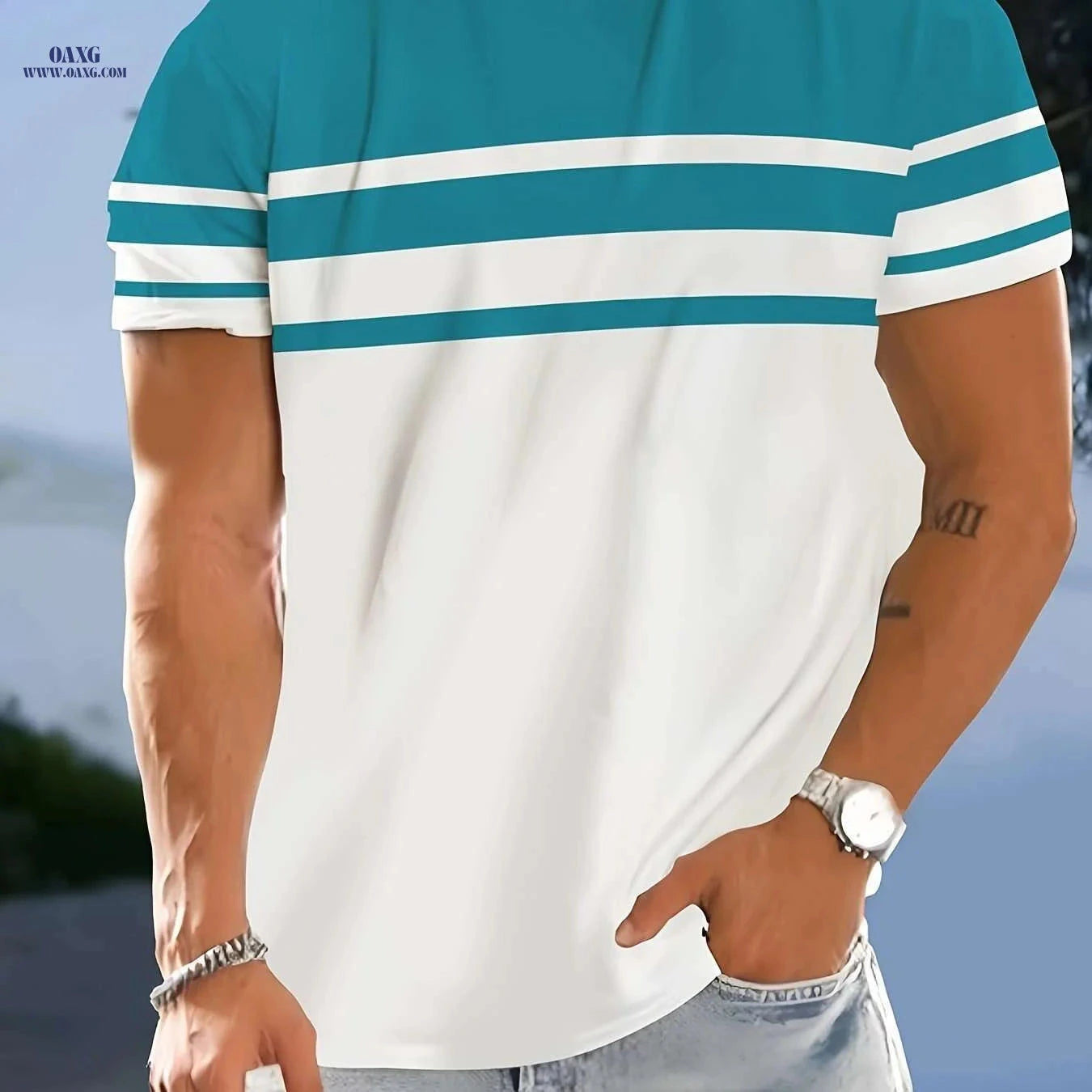 Men's Casual Crew Neck T-Shirt - Geometric Pattern, Slight Stretch Fit   OAXG 