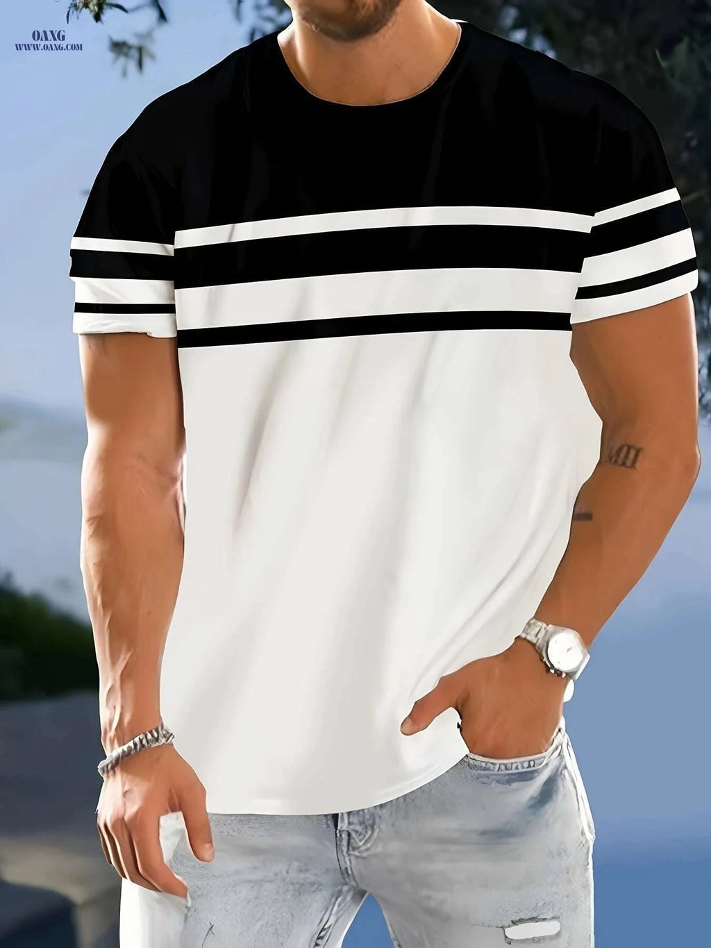 Men's Casual Crew Neck T-Shirt - Geometric Pattern, Slight Stretch Fit   OAXG 
