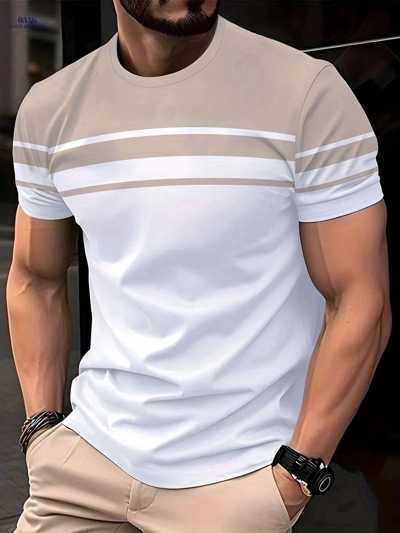 Men's Casual Crew Neck T-Shirt - Geometric Pattern, Slight Stretch Fit   OAXG Mixed Color / S