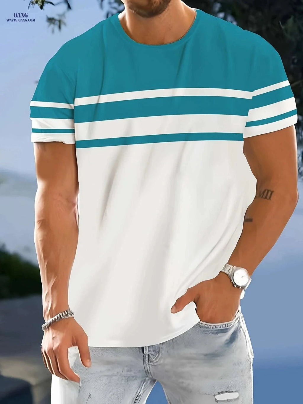 Men's Casual Crew Neck T-Shirt - Geometric Pattern, Slight Stretch Fit   OAXG Mixed Color / S