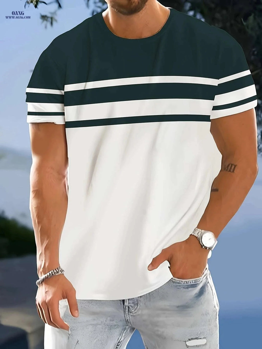 Men's Casual Crew Neck T-Shirt - Geometric Pattern, Slight Stretch Fit   OAXG Mixed Color / S