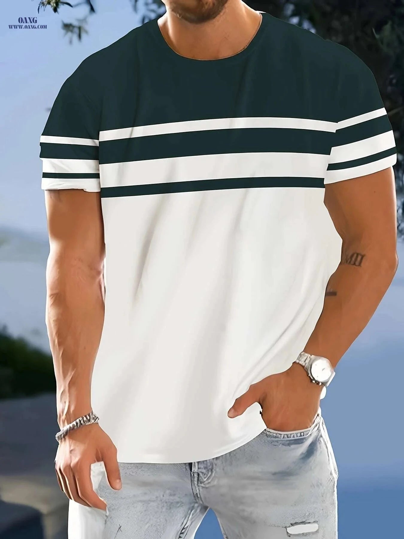 Men's Casual Crew Neck T-Shirt - Geometric Pattern, Slight Stretch Fit   OAXG Mixed Color / S