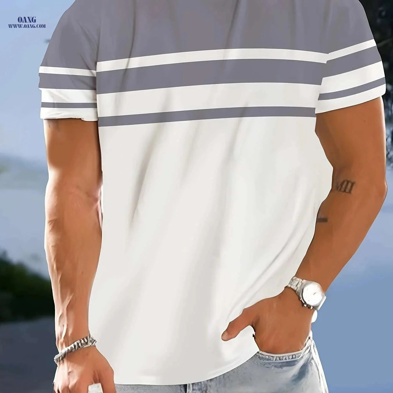 Men's Casual Crew Neck T-Shirt - Geometric Pattern, Slight Stretch Fit   OAXG Mixed Color / S