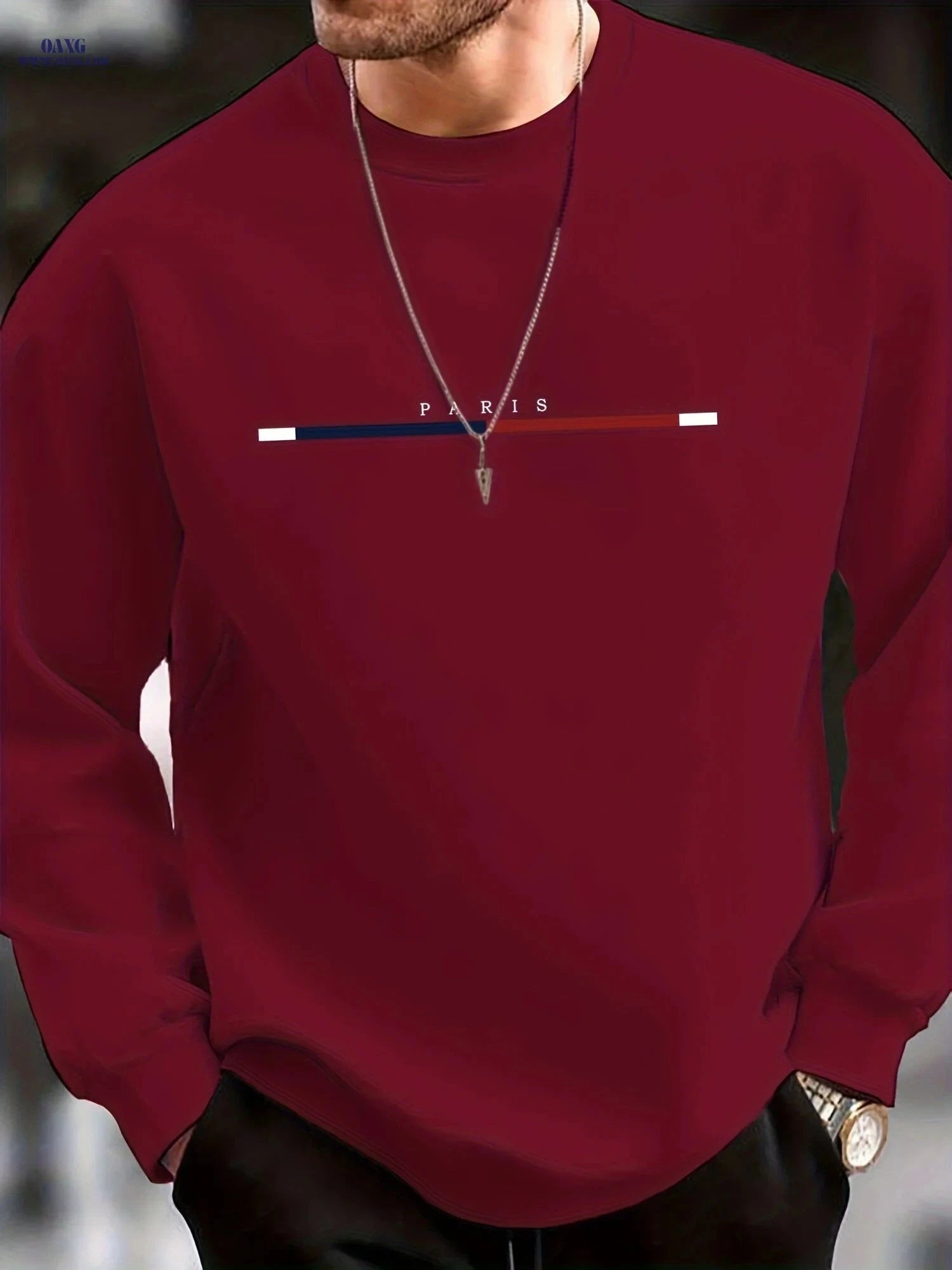 Men's Casual Crewneck Sweatshirt - Three-Color Stripe Style   OAXG Navy Blue / FR XXL