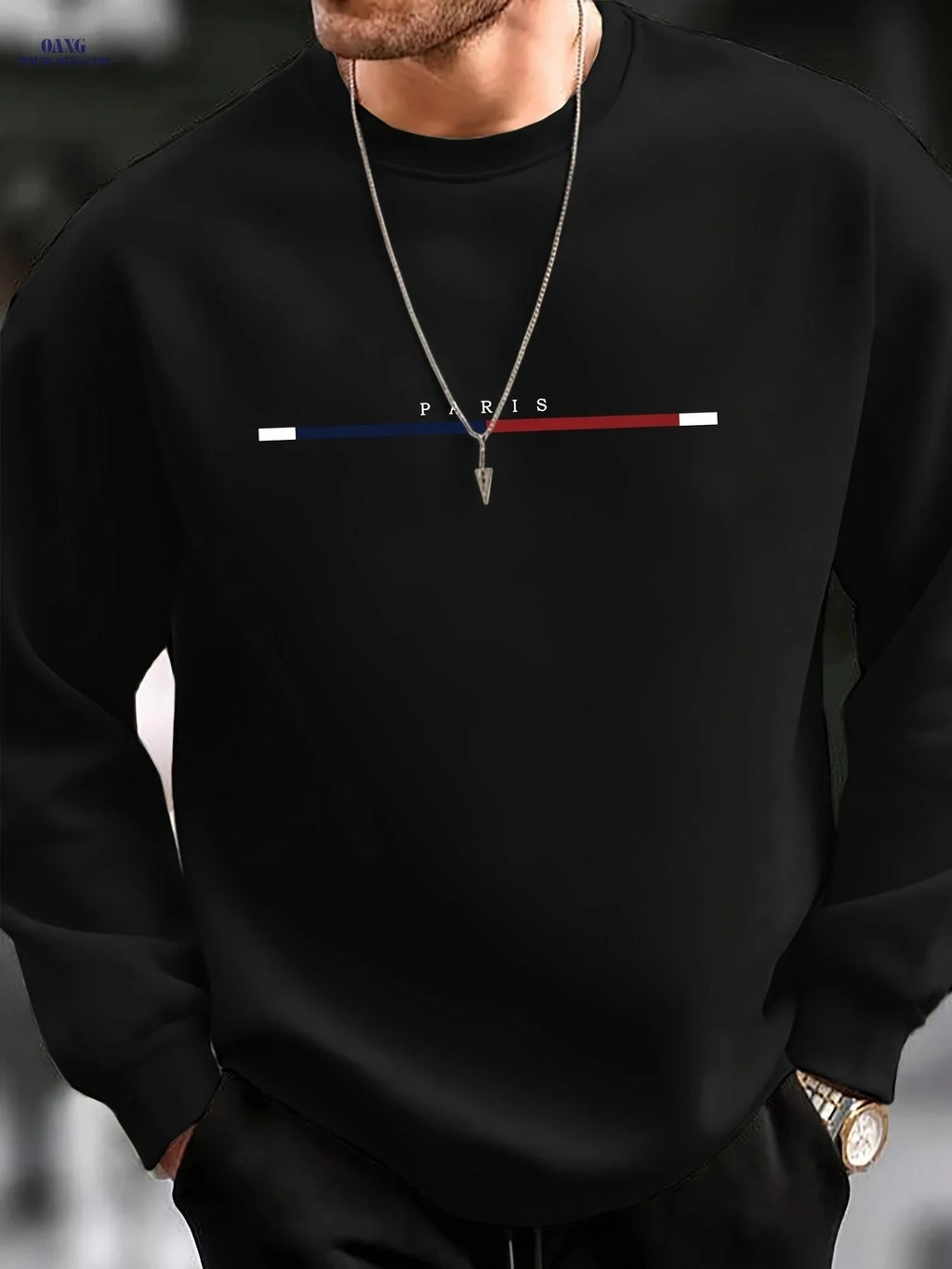 Men's Casual Crewneck Sweatshirt - Three-Color Stripe Style   OAXG Navy Blue / FR XXL