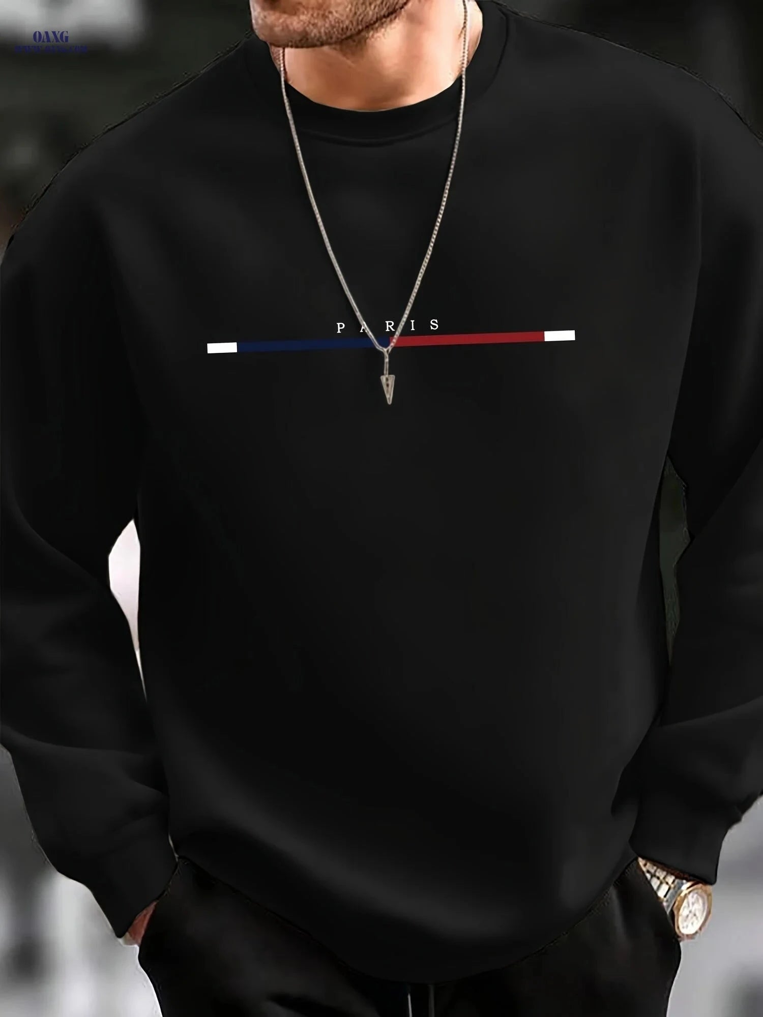 Men's Casual Crewneck Sweatshirt - Three-Color Stripe Style   OAXG Navy Blue / FR XXL