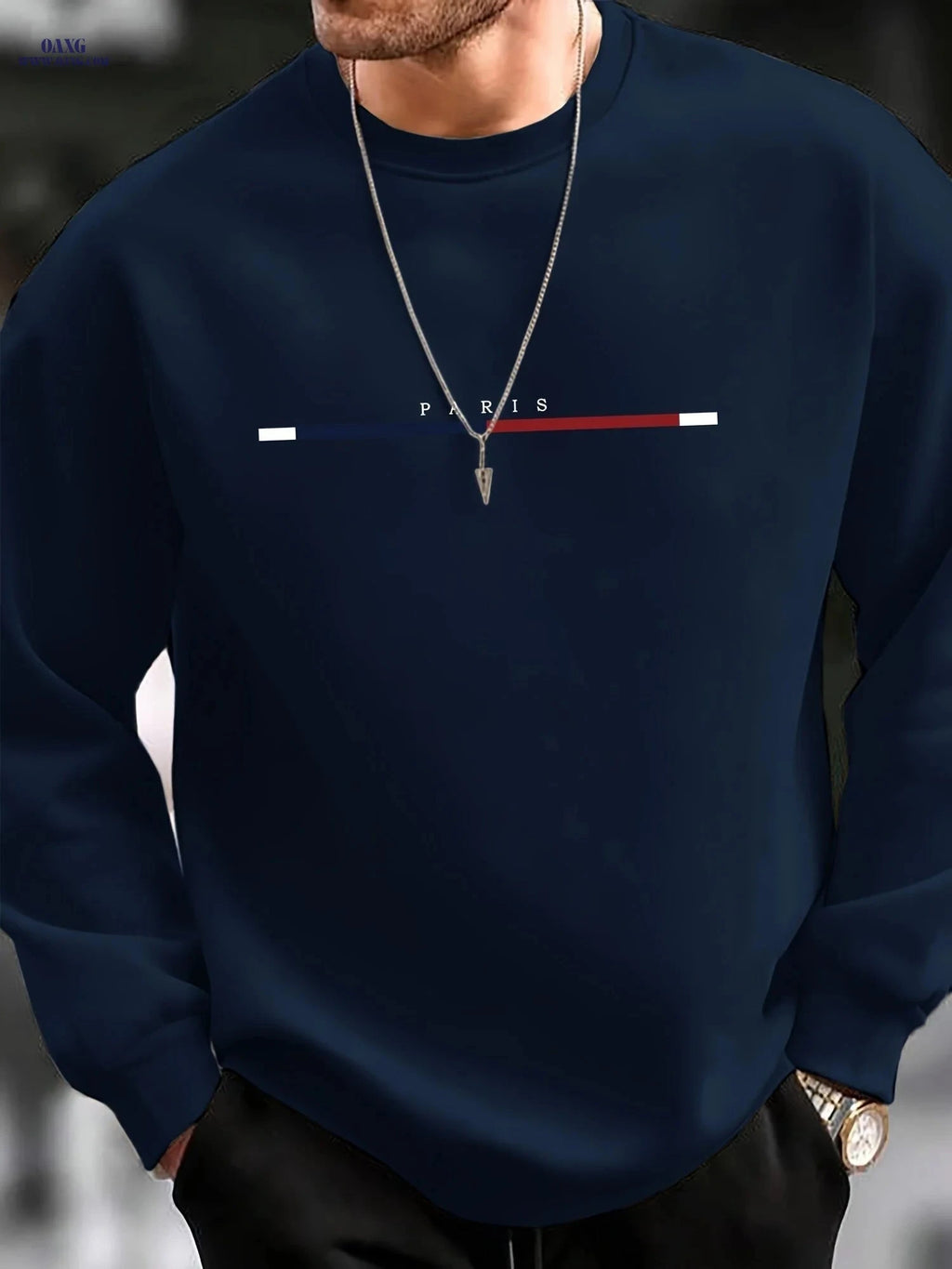Men's Casual Crewneck Sweatshirt - Three-Color Stripe Style   OAXG Navy Blue / FR XXL