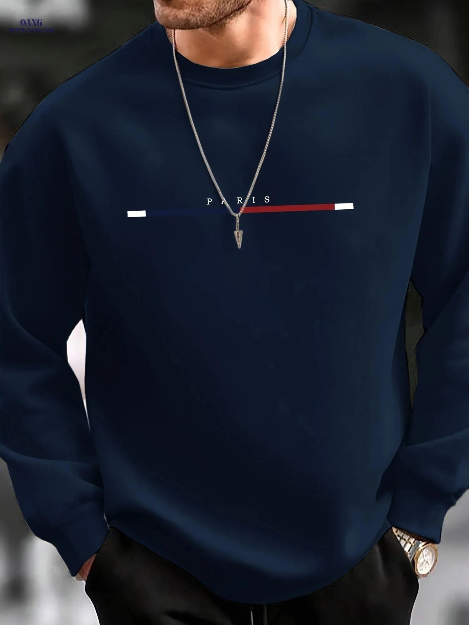 Men's Casual Crewneck Sweatshirt - Three-Color Stripe Style   OAXG Navy Blue / FR XXL