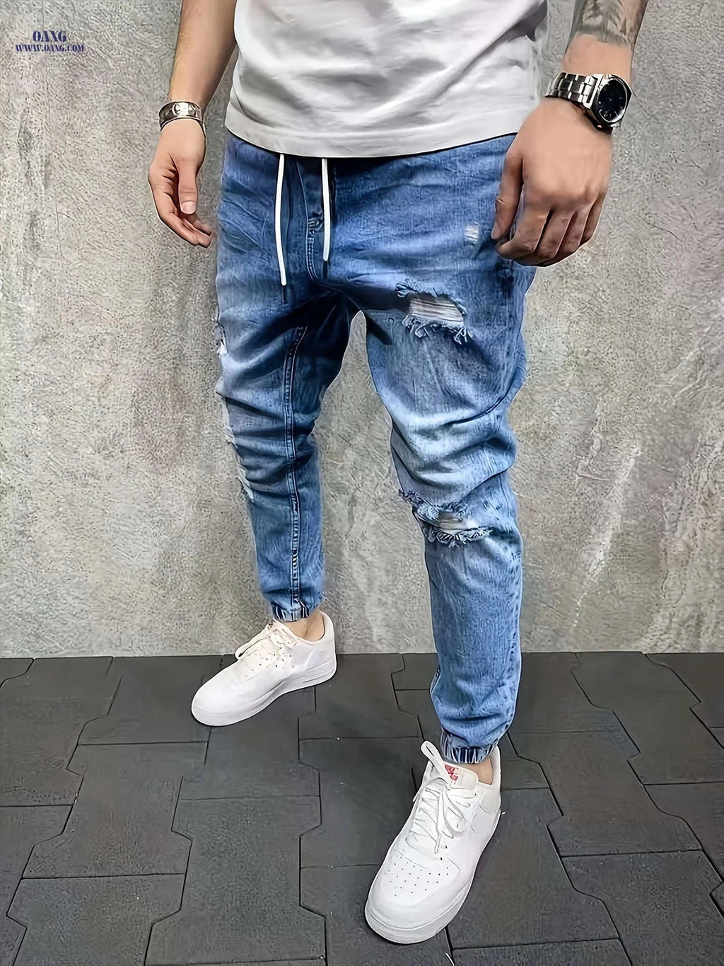 Men's Casual Denim Trousers - Loose Fit Cotton Blend Joggers   OAXG 